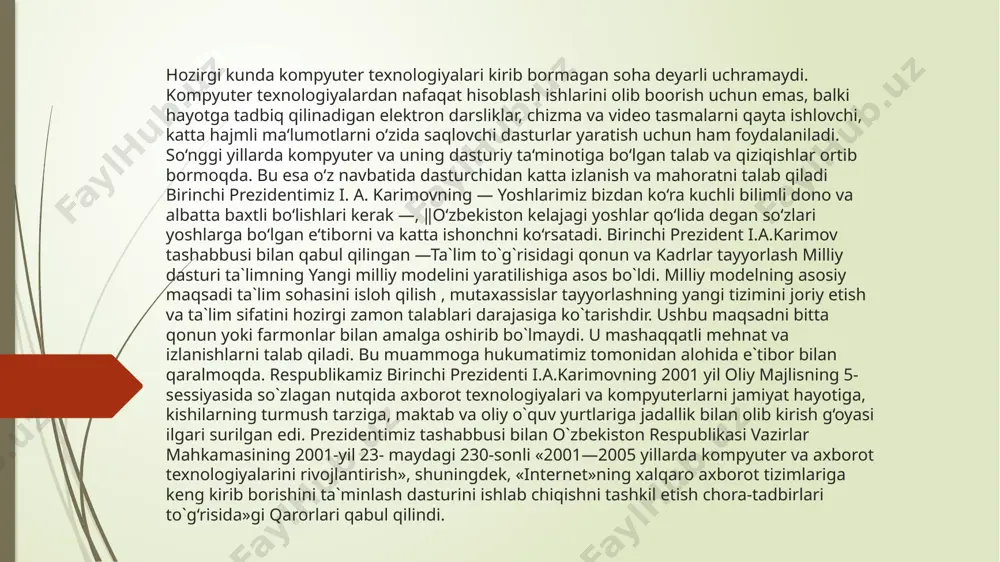 lar belgilari - literallar - ajratuvchilar chizmada c va c++ tillari c# ning asosini tashkil qiladi. lekin c# va java o`zaro o`zgacha ravishda bog`langan. ularning kelib chiqishi c va c++ bo`lsada o`zaro bir biridan farq qiladi . c# tili ham obe`ktga mo`ljallangan tillar sirasiga kiradi. vs 2010 da c# tili yordamida 17 xil loyiha yaratish mumkin. dastur tuzilishi:c# da dastur birta yoki bir necha fayllardan iborat bo‘ladi. har bir fayl o‘zida bir yoki bir necha nomlarni saqlab turishi mumkin.har bir nomesa o‘zida qo‘yilgan nom yoki tipni, qaysiki sinflar, struktura, interfeys, hisoblash va delegate – funksional tiplardir.c# da yangi loyiha yaratish paytida, vs muhitidagi 10 ta loyiha tiplaridan biri tanlanadi.bularga windows application, class library, asp.net application va asp.net web service misol bo‘ladi. birortasi tanlansa avtomatik tarzda c# va c++ ning shu loyiha tipiga mos qolipi hosil bo‘ladi. 1. birinchi bo‘lib c/c++ tillari oilasida ob‘yektga yo‘naltirilgan dasturlash tilini yaratish; 2. shunday ob‘yektga …