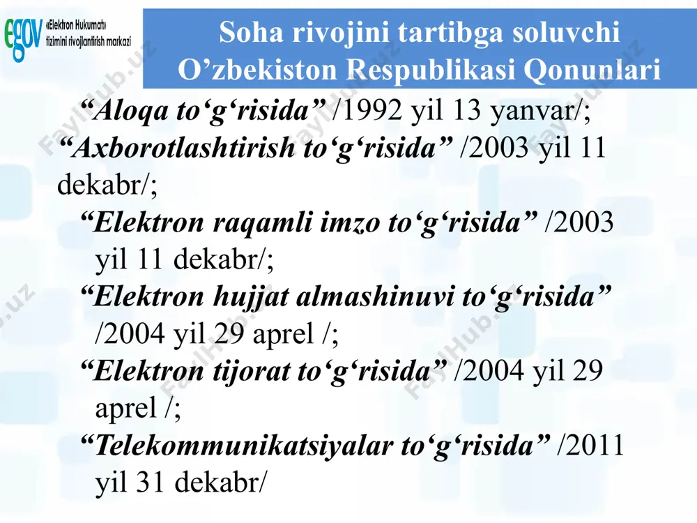 boshqaruv rolini kuchaytiradi. hukumat (klassik tuzilishi) hukumat (elektron tizimga o’tganda) hukumat (elektron portal orqali) 19/19 elektron hukumat rivojlantirish bosqichlari 2002 2007 2013 2015 2017 ko’pgina davlat idoralari hozir shu bosqichda... 2014 bosqich 3 davlat idoralari biznes jarayonlarni muqobillashtirish bosqich 2 elektron so’rovnomalar va xizmatlar 2020 bosqich 4 tranzaksion interaktiv xizmatlarni taqdim etish 2005 bosqich 1 axborotlarni internetga joylashtirish davlatning integrasiyalovchi roli bunda uchta nimtizimli munosabatlarda namoyon bo’ladi: hukumat muassasalarining o’zaro va mahalliy davlat boshqaruv organlari bilan o’zaro hamkorlik qilishi (g2g); hukumat muassasalari bilan mamlakat fuqoralari o’rtasidagi o’zaro aloqa(g2c); 3. hukumat muassasalari bilan bizhes sub’ektlari o’rtasidagi o’zaro aloqa (g2b); elektron hukumat kimlarga qaratilgan? xizmat ko’rsatuvchi hukumat fuqoralar (g2c, hukumat-fuqora) kompaniyalar (korhonalar, banklar, ...) (g2b, hukumat- biznes) muassasa-(hamkorlar), sudlar, ... (g2g, hukumat-hukumat) mijoz internet elektron hukumatning ichki tuzilishi hukumat internet мijozlar intranet elektron аrxivlash ish jarayoni virtual pochta web saytlar elektron pochta xizmati hujjatlarni boshqarish qog’ozsiz idora online-formulyar elektron xukumat deganimizda jamiyatda …