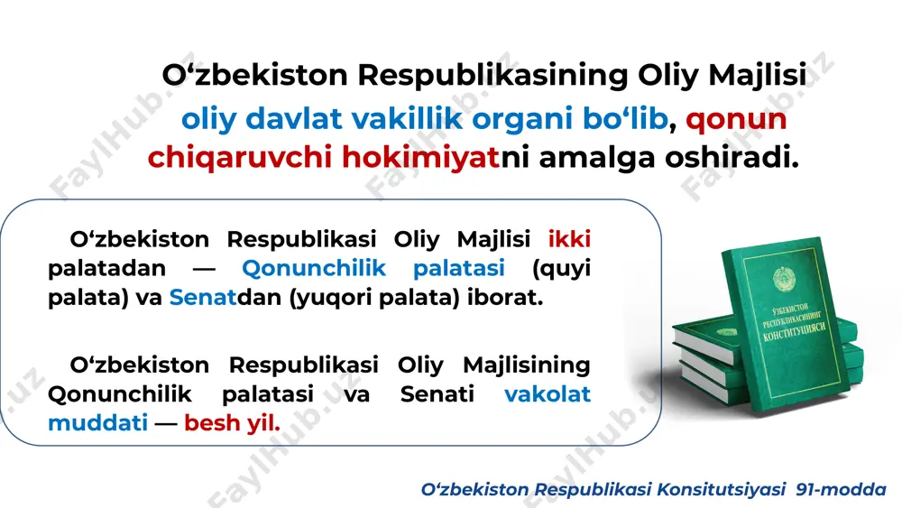 rzda ko‘rib chiqish va tayyorlash, o‘zbekiston respublikasi qonunlari hamda senat tomonidan qabul qilinadigan qarorlarning ijrosini nazorat qilish uchun senat shakllanganidan keyin uning vakolatlari muddatiga senatorlar orasidan rais, uning o‘rinbosari va a’zolaridan iborat tarkibda saylanadi. komissiyalar – qonunchilik palatasi va senat muayyan vazifalarni bajarish uchun tuzilishi mumkin. fraksiya nima? bu muhim! qonunchilik palatasining kamida besh nafar deputati fraksiya tuzish huquqiga ega fraksiya – siyosiy partiyadan ko‘rsatiladigan deputatlar tomonidan partiya manfaatlarini qonunchilik palatasida ifodalash maqsadida tuziladigan va belgilangan tartibda ro‘yxatdan o‘tkazilgan deputatlar birlashmasidir qanday hollarda oliy majlis tarqatib yuborilishi mumkin? oliy majlis palatalari o‘zbekiston respublikasi prezidentining o‘zbekiston respublikasi konstitutsiyaviy sudi bilan bamaslahat qabul qilgan qarori asosida quyidagi hollarda tarqatib yuborilishi mumkin: palatalar tarkibida uning normal faoliyatiga tahdid soluvchi hal qilib bo‘lmaydigan ixtiloflar yuz berganda yoki u bir necha marta o‘zbekiston respublikasi konstitutsiyasiga zid qarorlar qabul qilgan taqdirda qonunchilik palatasi bilan senat o‘rtasida o‘zbekiston respublikasi oliy majlisining normal faoliyatiga tahdid soluvchi hal qilib …