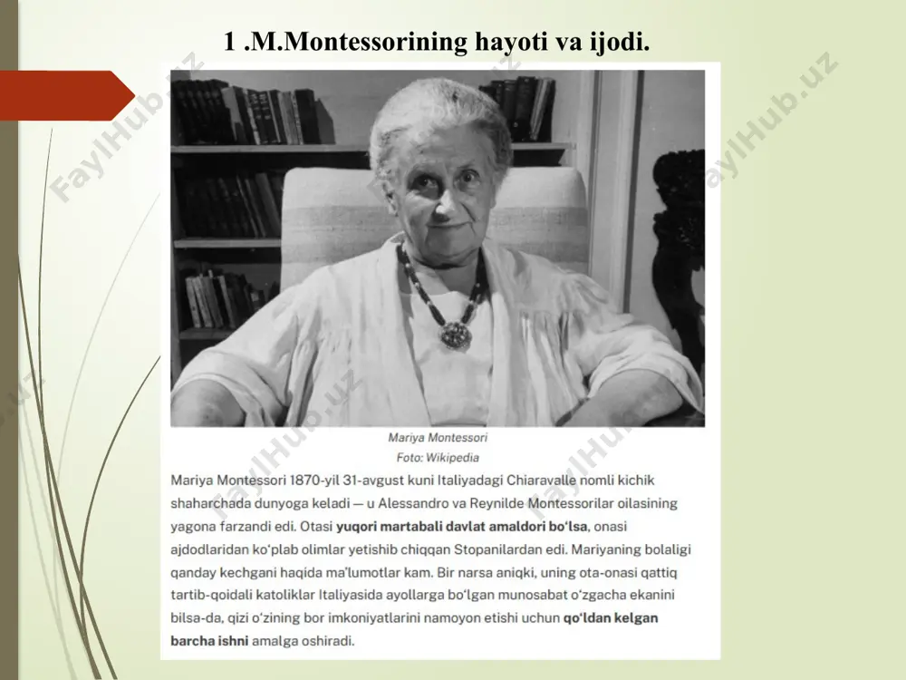 rsani tushunmaydi. tarbiyalanuvchilarning muvaffaqiyatlarini maqtashganda bu maqtovlar bevosita o’qituvchiga ham tegishlidir. jamoaning yutug’i — uning muvaffaqiyatidir. uning mahorati shundaki, bolalarga yetkazishni zarur deb bilgan mashg`ulotlarni bolalarning diqqat bilan tinglashlaridir». aytilgan bu so’zlar ayni haqiqat. xo’sh, bular boshlang’ich maktabga tegishlimi yoki bolalar bog’chasiga aloqador? bolani shaxsiy intellekt maktabiga joylash bilan biz uning turini muqarrar o’zgartiramiz; «bolalik psixologiyasi» nomida izohlanuvchi bola haqidagi barcha tasavvurlar, agar bolalarni montessori sharoitida uzoq vaqt kuzatadigan bo’lsak, sezilarli darajada ba’zi bir munosabatlarda tamomila o’zini oqlamaydi. uch yoshga yaqin yosh bola birinchi bor bolalar bog’chasiga kelganda unga xuddi hamma narsani yozish mumkin bo’lgan «oppoq qog’oz» degan tasavvur bilan emas, aksincha, tashqi olam ta’sirida to’plangan tartibsiz taassurotlarga ega, deb yondoshishimiz zarur. «uch yoshli bola kechinmalarida turli chalkashliklardan iborat og’ir bo’shliq mavjud bo’ladi», deydi montessori. aksariyat hollarda oxiri uyqu bilan tugaydigan sababsiz injiqliklar va yig’i, uning ustiga yopiriladigan tashqi olamdan olingan hisobsiz taassurotlar hisobiga yuzaga keladi. hyech kim xayoliga ham …
