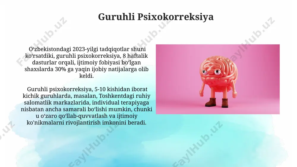 erapiyasi (kxt) kabi texnikalar 80% hollarda ijobiy natijalar beradi, ammo bu natija har bir shaxs uchun individual bo'ladi. maqsadlarni belgilash va rejalashtirish maqsadlarni aniq va o'lchovli qilib belgilash, masalan, "3 oy ichida ingliz tilidan ielts 7.0 ball to'plash" kabi, samaradorlikni 20% ga oshirishi mumkin va bu toshkentdagi ingliz tili kurslarida tasdiqlangan. kichik, amalga oshirishga qulay 5-7 ta bosqichli rejalarni tuzish, katta maqsadlarga erishish uchun muhim, chunki bu stressni kamaytiradi va samarqandda o'tkazilgan tadqiqotlar buni tasdiqlaydi. e'tiboringiz uchun rahmat @taqdimot_robot image2.jpg image3.jpg image4.jpg image5.jpg image6.jpg image7.jpg image8.jpg image9.jpg image10.jpg image11.jpg image12.jpg image13.jpg image14.jpg image15.jpg image1.png