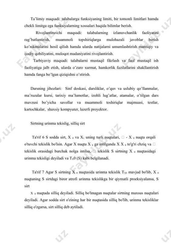 qta y ga intilganda tx ( )s tekislik ty ( )s likga intiladi, ya'ni tx ( )s va ty ( )s tekisliklarning normal vektorlari orasidagi burchak nolga intiladi. s silliq sirtning x 0 nuqtasidan tx0 (s) urinma tekislikga perpendikulyar holda o'tuvchi to'g'ri chiziq sirtning x 0 nuqtasidagi normal to'g'ri chizig'i deyiladi. silliqlikning etarli shartlari s sodda sirt r = r (u v, ) vektor tenglama bilan berilgan bo'lsin. bu funksiya (u v0 , 0 ) nuqtada differensiallanuvchi va bu nuqtaga sirtning x 0 nuqtasi mos kelsin. agar ru (u0 ,v0 ) va rv (u0 ,v0 ) - vektorlar kollenear bo'lmasa, x 0 nuqtadan ru (u0 ,v0 ) va rv (u0 ,v0 ) vektorlarga parallel holda o'tuvchi  tekislik sirtning x 0 nuqtasidagi urinma tekislik bo'lishini ko'rsatamiz. (u v, ) nuqtaga sirtning x nuqtasi mos kelsin. r (u v, ) funksiya (u v0 , 0 ) nuqtada differensiallanuvchi bo'lgani uchun xx …