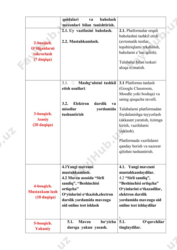 ing asosiy maqsadlari keltirilgan: 1. ta’limga keng imkoniyat yaratish · onlayn platformalar geografik cheklovlarni bartaraf etib, har qanday joydan va istalgan vaqtda o‘qish imkoniyatini beradi. 2. moslashuvchanlikni ta’minlash · turli jadval va sharoitlarga moslashib, talabalarga mustaqil ta’lim olish imkonini beradi. 3. arzon va qulay ta’lim · odatdagi ta’lim shakliga nisbatan arzonroq xizmatlar taqdim etib, turli guruh vakillari uchun qulaylik yaratadi. 4. turli xil bilim va ko‘nikmalarni o‘rgatish · platformalar nafaqat umumiy fanlarni, balki turli kasb va hunarlarni, shuningdek, zamonaviy ko‘nikmalarni (masalan, dasturlash, marketing, dizayn va boshqalar) o‘rgatish uchun kurslarni taklif etadi. 5. innovatsion ta’lim usullarini qo‘llash · interaktiv videolar, testlar, virtual laboratoriyalar va simulyatsiyalar yordamida ta’lim jarayonini yanada qiziqarli va samarali qiladi. 6. ta’limga bo‘lgan ehtiyojni qondirish · hayot davomida o‘qish (lifelong learning) tamoyiliga mos ravishda, shaxsiy va professional rivojlanishni ta’minlaydi. 7. ijtimoiy tenglikni oshirish · kam imkoniyatli yoki chekka hududlarda yashovchi kishilarga sifatli ta’lim olish imkonini beradi. onlayn ta’lim …