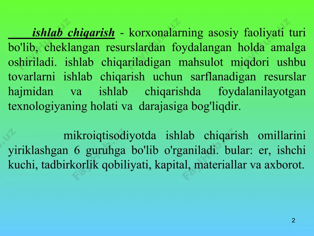 n o'ngroq va yuqoriroqda joylashgani uchun unga to'g'ri keladigan ishlab chiqarish hajmi q2 nikidan ko'proq. q2 izokvanta esa q1 ga nisbatan o'ngroq va yuqoriroqda joylashgani uchun unga to'g'ri keladigan ishlab chiqarish hajmi q1 nikidan ko'proq. demak, izokvantalar chapdan o'ngga va yuqoriga qarab joylashib borsa, ularga to'g'ri keladigan ishlab chiqarish hajmi ham mos holda oshib boradi. grafikdagi izokvantalar uchun q1<q2<q3 deb yozishimiz mumkin. * maъlum vaqt oralig'ida jami ishlab chiqarilgan mahsulotni umumiy mahsulot desak, o'rtacha mahsulot -umumiy mahsulotni ushbu mahsulotni ishlab chiqarish uchun sarflangan o'zgaruvchan ishlab chiqarish omillari sarfiga nisbati bilan aniqlanadi. bu erda: q- umumiy mahsulot miqdori; ap - o'rtacha mahsulot; f -sarflangan resurslar. chekli mahsulot - bu o'zgaruvchan resurslar kombinatsiyasini kichik miqdorda qo'shimcha sarfi hisobidan umumiy mahsulotning o'sgan qismiga aytiladi. masalan, ishlab chiqarishda bitta omil, yaъni faqat mehnat saflansa chekli mahsulot quyidagicha aniqlanadi: q qo'shimcha birlik mehnat sarfi (l) hisobiga ishlab chiqarilgan qo'shimcha mahsulot miqdori. * omillar mahsuldorligining kamayish …