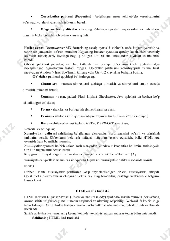 uda muhim tushuncha bilan tanishib utamiz. lokal web-sayt - ishlab chiquvchi kompyuterida joylashgan web-saytning «xaqiqiy» nusxasi hisoblanadi. tarmoqda undan foydalana olmaymiz; undan faqat muallifgina foydalanishi mumkin. boshqacha qilib aytganda, saytni internetga joylashtirishdan oldin saytning fayllari kompyuteringiz qattiq diskida bo’lishi shart va bu lokal sayt deb ataladi. lokal saytning barcha sahifalari diskning aniq katalogi ichida saqlanadi. bu katalogni biz saytning lokal papkasi yoki oddiy qilib, sayt papkasi deb ataymiz. lokal web-saytni aniqlash uchun site definition oynasidan foydalanamiz. oyna bosh menyuning (site>new site…) bo’limi orqali ishga tushiriladi. site palitrasi - saytning fayllarini (web-sahifalarni) ko’rish uchun mo’ljallangan. birinchi ochiladigan ro’yxatda dasturda aniqlangan sayt nomini tanlaysiz. palitraning asosiy sohasida ushbu saytning barcha fayllari ro’yxati paydo bo’ladi. ixtiyoriy fayl ustida sichqoncha tugmasini ikki marta bosish joriy sahifani hujjat oynasida tahrirlash imkonini beradi. shuningdek, ushbu palitra yordamida saytni internet tarmog’ida joylashtirish jarayoni ham amalga oshiriladi. bu jarayonlarni keyirok kurib chikamiz. web-sahifada matnli ma`lumotlarni joylashtirish va formatlash. …