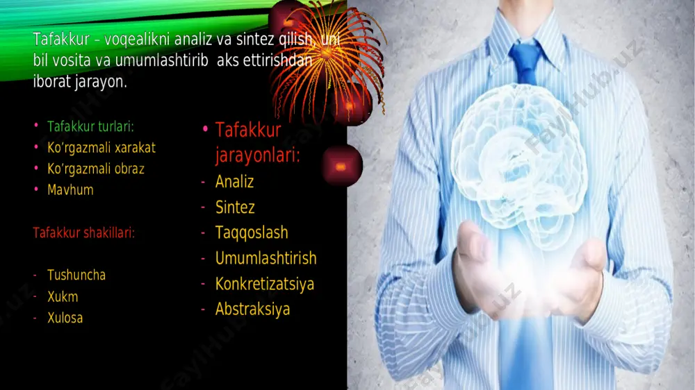 , balki, ibora va dalillar tuzilishini o‘rganadi, bu aniq, izchilliklik bilan mulohaza yuritish, fikrlarni to‘g‘ri tuzish, dalillarni qat’iy tizimlashtirish, tasniflash layoqati; aql (dialektik tafakkur) – abstraksiyalarni ijodiy qo‘llash va ular tabiatini ongli tadqiq etish xususiyatiga ega bo‘lgan nazariy bilishning oliy darajasi, aql yordamida inson narsalar mohiyati, ularning qonunlari va qarama-qarshiliklarini anglab etadi. tafakkurning asosiy shakllari. tafakkur jarayonining oqilona mazmuni tarixiy rivojlanish jarayonida yaratilgan mantiqiy shakllar qobig‘iga o‘raladi. tafakkur o‘zining asosiy shakllari – tushunchalar, mulohazalar va xulosalar ko‘rinishida yuzaga kelgan, rivojlanmoqda va amalga oshirilmoqda. tushuncha – narsalar va hodisalarning umumiy, muhim xossa va aloqalari aks etuvchi fikr. tushuncha – tafakkur, tushunish faoliyatining mahsuli. ular nafaqat narsalar va hodisalarning umumiy jihatlarini aks ettiradi, balki ularni bir-biridan ajratadi, ular o‘rtasida mavjud farqlarga qarab ularni guruhlaydi, tasniflaydi. bundan tashqari, biz biror narsa haqida tushunchaga ega ekanligimizni ta'kidlar ekanmiz, bunda mazkur ob'ektning mohiyatini tushunishimizni nazarda tutamiz. tafakkurning alohida muhim o‘ziga xos xususiyati – bu uning …