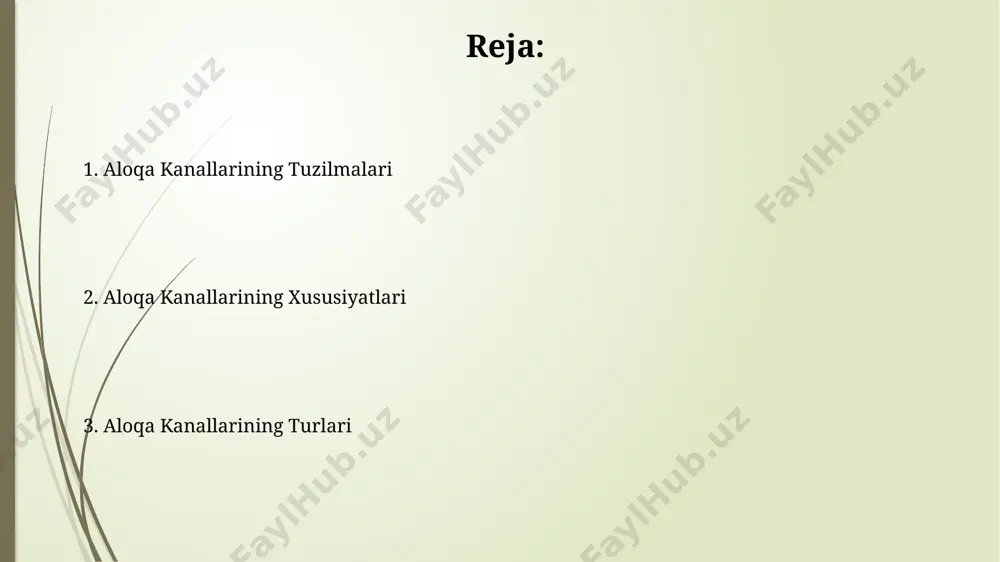 rakatlari), proksemika (masofa), haptika (jismoniy aloqa) kabi 3 ta asosiy noverbal aloqa kanali mavjud bo'lib, ularning har biri o'ziga xos semantik yuk ko'taradi. aloqa kanallarining xususiyatlari aloqa kanallari ma'lumot uzatish tezligiga (masalan, 10 mbps yoki 1 gbps) va bandligining chegaralanganligi bilan tavsiflanadi, bu esa ma'lumot oqimining hajmini cheklaydi. analog aloqa kanallari uzluksiz signalni, raqamli kanallar esa diskret signalni uzatadi, bu ularning xususiyatlari va qo'llanilishini belgilaydi. masalan, 256 darajali rangli tasvirni uzatish uchun ko'proq bandlik kerak. aloqa kanallarining samaradorligi samaradorlikni baholashda, uzatilgan ma'lumotlarning aniqligi (99% dan yuqori) va qabul qiluvchining tushunish darajasi (80% dan yuqori) kabi sifat ko'rsatkichlarini hisobga olish kerak. aloqa kanalining samaradorligi, ma'lumot uzatish tezligi (masalan, 10 mbps yoki 1 gbps) va xatolik darajasi (masalan, 10⁻⁶) kabi texnik parametrlar bilan bevosita bog'liq. raqamli aloqa kanallari ip protokoli asosidagi raqamli aloqa kanallari, paketli kommutatsiya texnologiyasidan foydalanib, ma'lumotlarni 1500 baytgacha bo'lgan paketlarga ajratib, ularni maqsadga yetkazishni ta'minlaydi. raqamli aloqa kanallarining samaradorligi, …