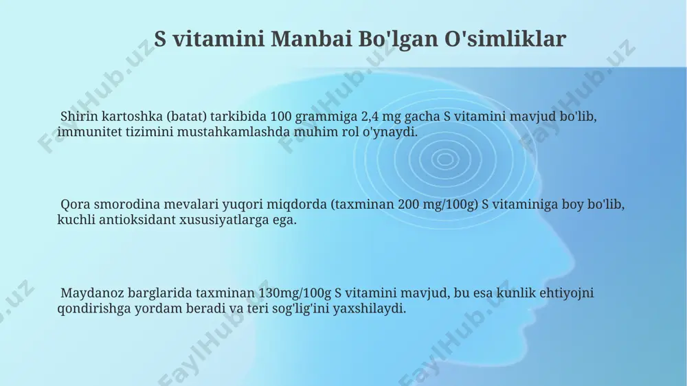 di, ammo uning miqdori o'simlik turiga, quyosh nuri miqdoriga va boshqa omillarga bog'liq bo'lib, o'rtacha 10 iu dan oshmaydi. d vitamini tarkibiga boy bo'lgan ba'zi o'simliklar, masalan, qo'ziqorinlar (shiitake, portobello kabi) quyosh nuri ta'sirida 100 grammiga 200 iu gacha d2 vitamini hosil qilishi mumkin. katta miqdordagi d vitamini o'z ichiga olgan o'simliklarning soni cheklangan bo'lsa-da, ba'zi yovvoyi o'simliklar, masalan, qarag'ay ignalari minimal miqdorda d vitamini saqlashi mumkin. k vitamini manbai bo'lgan o'simliklar marul turli xil navlari k vitaminining miqdori jihatidan farq qilsada, o'rtacha hisobda 100 grammida 10-50 mkg gacha k vitamini saqlaydi. k vitaminining eng boy manbai hisoblangan ismaloq barglarida 100 grammiga 146 mkg gacha k vitamini mavjud bo'lib, bu kunlik ehtiyojni qondiradi. qizilmiya (qizilmiya) o'simligi ham k vitaminining yaxshi manbaidir, uning tarkibida k1 vitamini (filoxinon) yuqori konsentrasiyalarda uchraydi. c vitamini (askorbinka kislota) manbai s vitamini (askorbin kislotasi)ning eng boy manbalaridan biri shirin qalampir bo'lib, 100 grammida 140 mg gacha …