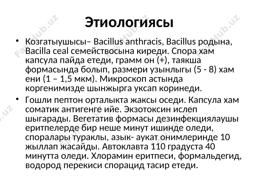 а болады. айырым уакытларда тери формасынын аскыныуы натийжесинде рауажланады. кеселлик откир басланады, наукастын ети п калтырайды, температурасы 39 - 40 градуска котериледи. тез- тез дем алады, тахикардия аныкланады, кобинесе наукас кокиреги ауырады, кан аралас какырык таслайды. тексерип корилгенде пневмония хам эксудатив плеврит белгилери аныкланады. айырым уакытларда инфекцион- токсик шок рауажланады. наукастын каны хам какырыгында жуда коп кеселлик микроблары табылады. айырым наукаслар кеуили айнып, кан аралас кусады, карны катты аурыуды, кан аралас иш кетеди, базы жагдайларла наукасларда менингоэнцефалит симптомлары пайда болады. куйдиргинин септик формасында наукастын терисинде геморрагик таспалар пайда болады. силекей кабатларга кан куйылады. диагностикасы куйдиргинин лаборатор диагностикасы ушын бактериологиялык, бактериоскопиялык, аллергик, биологиялык усыллары колланылады. бактериологиялык усыл кеселликтин тери формасында пустулалар суйыклыгы, септик формасында наукас каны, какырыгы, дарети хам сидиги арнаулы азыклык орталыкларына егиледи. диагностикасы бактериоскопиялык усыл- тексериу керек болган материалдан суртпе таярланып боялады хам микроскоп астында кориледи. биологиялык усыл- тексерилетугын материалы физиологиялык еритпе менен 10 мартебе суйылтырылып оннан 0,1-0,2 мл …