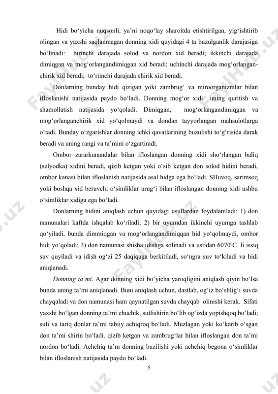 titrlangan kislotalik bo‘yicha quyidagi ko‘rsatkichlar o‘rnatilgan: sifatli bug‘doyning kislotaligi 30, javdar uchun 3,60, buzulishning daslabki davrida 3,54,50, saqlash uchun hafli 5,50, saqlab bo‘lmaydigan 7,50, yaroqsiz 9,50. donning to‘qligi deb 1 l hajmdagi donning og‘irligiga aytiladi. donning to‘qligi purka aspobi yordami aniqlanadi, to‘qlik donlar bo‘yicha yuqori, o‘rta va past to‘qli guruhlarga bo‘linadi. donning to‘qligi qancha past bo‘lsa, uning to‘yimliligi past bo‘ladi. 2-jadval to‘qlik bo‘yicha donlar holati, g/l don turi don to‘qligi yuqori o‘rta past suli 510 460510 460 bug‘doy 785 745785 745 javdar 730 700730 700 arpa 605 545605 545 donning tozaligi. don tarkibiga tushgan turli zararli aralashmalar uning to‘yimliligini pasaytiradi, ayrimlar hayvon sog‘ligiga ham salbiy ta’sir ko‘rsatish mukin. donning ifloslanishini aniqlash uchun ma’lum miqdorda o‘rnatilgan tartibda o‘rtacha namunalar torozida tortib olinadi, masalan: suli, arpa, juxori, grechixa, javdar, bug‘doy, vika va mayda urug‘li chechevitsa uchun 50 g namuna olinadi; tariq uchun 25 g; makkajo‘xori, no‘xat, china, nut uchun 100 g. don …