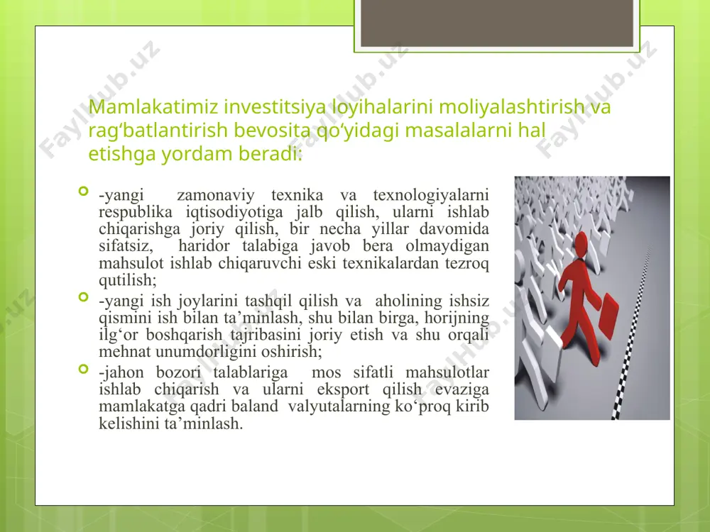 hchisining manfaatlarini ifodalovchi ko'rsatkichlarning asosiy baholash mezoni bo'lib: yalpi va milliy mahsulotning hamda milliy daromadning o'sishi; foydaning oshish hajmi; turli xildagi ijtimoiy xizmatlar bahosining tushishi hajmi hisoblanadi. bozor iqtisodiyoti sharoitida investitsiya loyihalarini moliyalashtirishda jismoniy va yuridik shaxslarning o'z moliyaviy mablag'lari ahamiyati katta. rivojlangan bozor iqtisodiyoti mamlakatlarida agar investitsiya xarajatlarini moliyalashtirishning umumiy hajmida korxona o'z mablag'lari hissai 60 foiz va undan yuqori ulushga bunday xo'jaliklarda moliyaiashtirish darajasi yuqori hisoblanadi. image3.png image4.png image5.jpeg image6.jpeg image7.jpeg image8.png image9.png image10.png image11.png image12.png image13.emf image14.png image15.png image16.png image17.png image18.png image19.png image20.png /docprops/thumbnail.jpeg