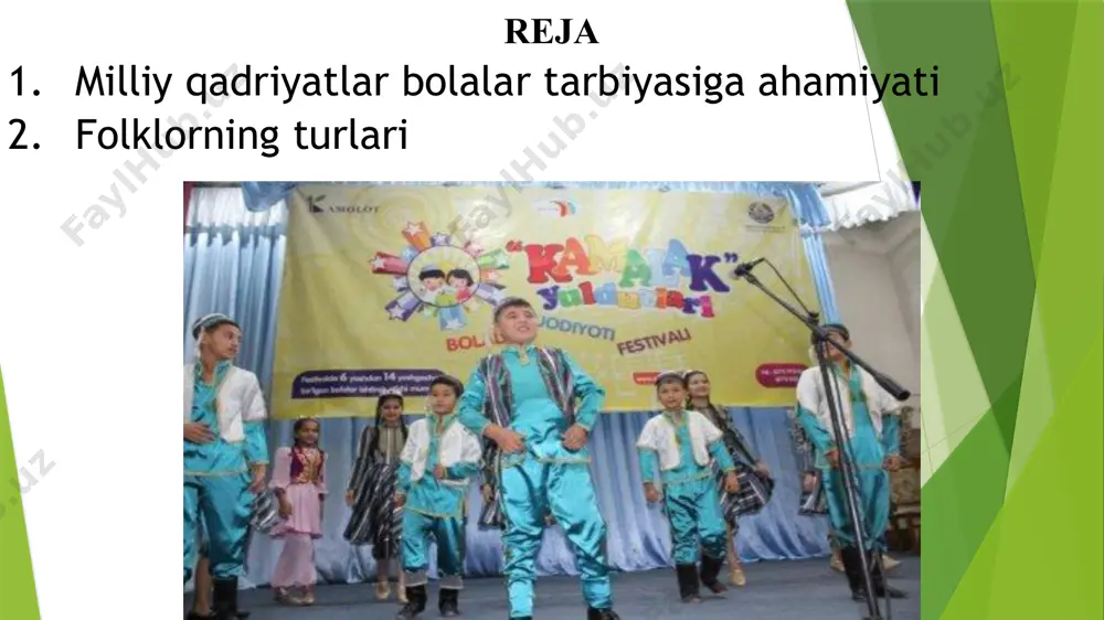 ilan bog‘liq mehnat jarayonlari, kattalar xatti-harakatlariga taqlid aks etadi. o‘yinlar ham, qo‘shiqlar ham bolalarning aqliy va jismoniy kamolatga yetishiga yordam beradi, ularda zavq uyg‘otadi. o‘yinlar bolalar folklorining murakkab turi bo‘lib, ularda drama va musiqa unsurlari chatishib ketadi. o‘yinlarni kichik yoshdagi bolalar "choriy chambar", "hakkalakam" kabi sanama o‘yinidan, katta bolalar "qushim boshi" degan topishmoqdan boshlaydi. bolalar folklori yosh avlodni intizomli, jasur, qat‘iyatli, qiyinchi-liklarni yengishga, o‘rtoqlariga yordam berishga tayyor bo‘lish singari yaxshi sifatlarga ega bo‘lib o‘sishlariga yordam beradi. chitti gul chitti gul-e, chitti gul-e, etagingga gul bosay hayu chitti gul, hayu chitti gul qo`ling qo`lbog`da bo`lsin, beling belbog`da bo`lsin hayu chitti gul, hayu chitti gul tapur-tupur ot keldi, chiqib qarang kim keldi hayu chitti gul, hayu chitti gul aravada un keldi, childirmada gul keldi hayu chitti gul, hayu chitti gul gul yaxshiyu gul yaxshi, gulning popugi yaxshi hayu chitti gul, hayu chitti gul o`rtada o`ynagan qizning haydar kokili yaxshi hayu chitti gul, …
