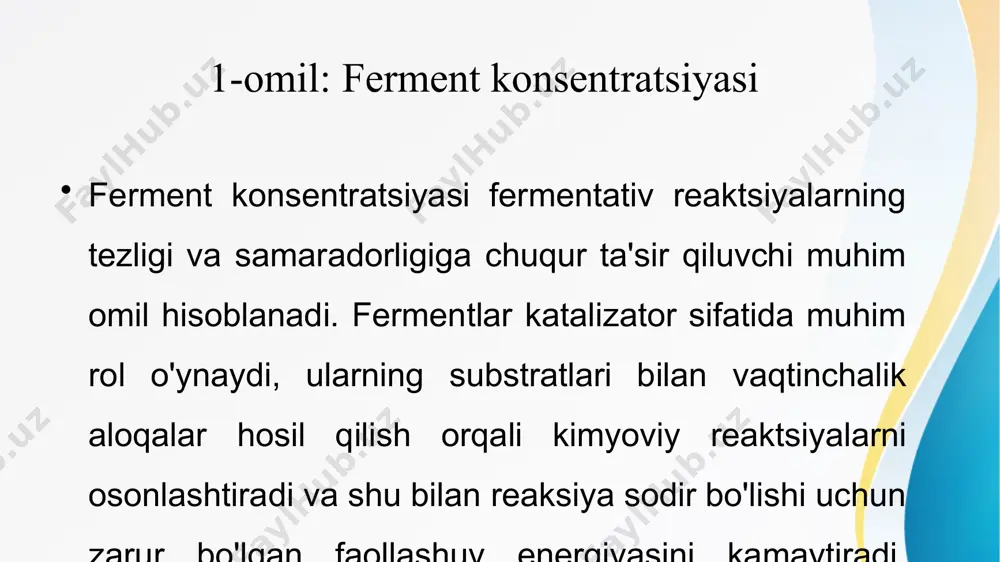 ga soluvchi muhim omil hisoblanadi. fermentlar ko'pincha ularning faolligini boshlash yoki modulyatsiya qilish uchun substrat bo'lmagan va ferment bo'lmagan molekulalarning mavjudligini talab qiladi. masalan, ba'zi fermentlar o'zlarining katalitik faolligini o'rnatish uchun metall ionlari yoki kofaktorlarga tayanadi, boshqalari esa katalitik funktsiyasini tartibga solish uchun effektorlarga bog'liq va bu ayniqsa allosterik fermentlarda yaqqol namoyon bo'ladi. 6-omil: mahsulot konsentratsiyasining ta'siri mahsulot konsentratsiyasining ta'siri fermentativ reaktsiyalarning tezligi va samaradorligiga ta'sir qilishi mumkin bo'lgan muhim omil hisoblanadi. fermentlar reaksiyalarni katalizlaganda, substratlarni mahsulotga aylantiradi. reaktsiya mahsulotlarining to'planishi ferment faolligiga sezilarli ta'sir ko'rsatishi mumkin. ba'zi hollarda reaksiya mahsulotlari fermentning faol joyiga bog'lanib, bo'shashgan kompleks hosil qilishi mumkin. ushbu mahsulot-ferment kompleksi fermentning faolligini ingibit qilishi, uning katalitik samaradorligini kamaytirishi mumkin image2.jpeg image3.png image4.png image5.png image6.png image7.png image8.png image9.png image10.png image1.jpeg