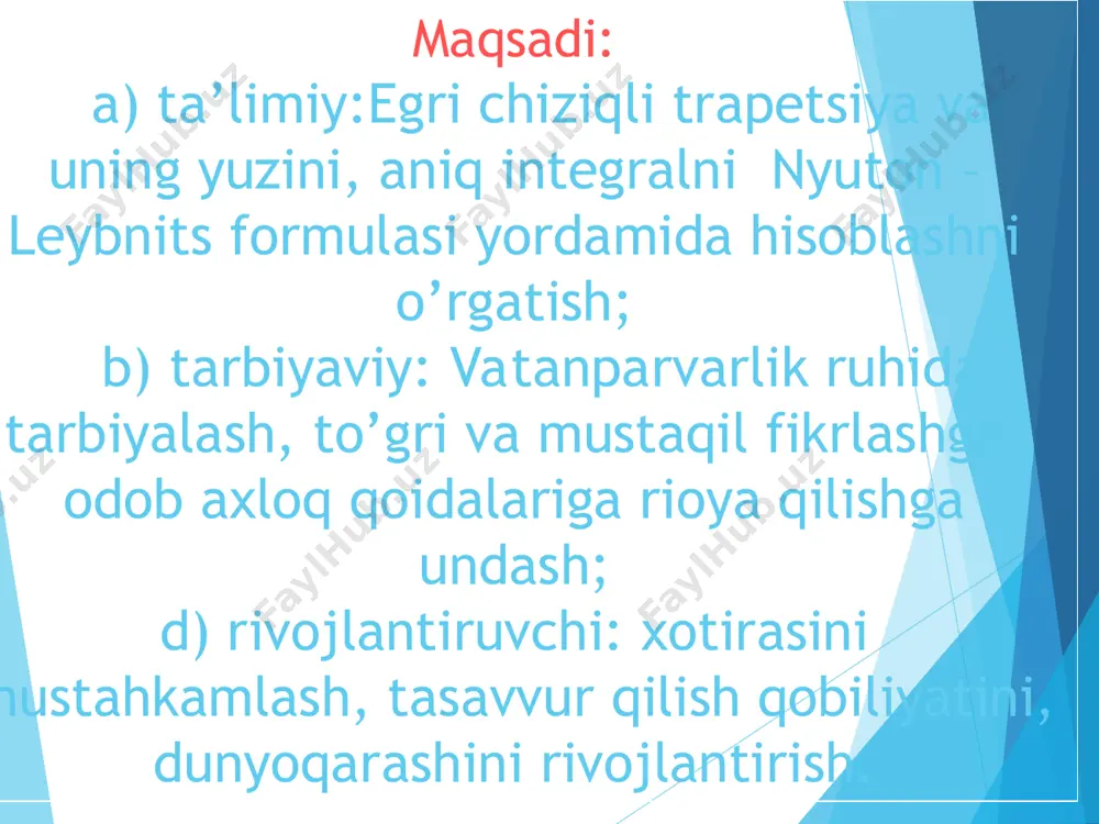 metodlari: ma’ruza, tayanch signallar, tezkor savol-javob, zanjir, kitob bilan ishlash, beshinchisi ortiqcha,klaster, guruhlash, kuzatuv baholash metodlari: og’zaki so’rov: savol javob, yozma so’rov: mustaqil misollar yechish, axborot manbalari va texnik vositalar: ma’ruza matni, o’quv qo’llanma, ko’rsatmalar, turli tarqatma materiallar, darsda bajarishga mo’ljallangan topshiriqlar, plakatlar, kodoskop, videoproyektor, doska, bo’r,slaydlar, formulalar-jadval, stendlar, grafiklar . dars turi: nazariy mashg’ulot darsga ajratilgan vaqt miqdori: 80 minut uyga vazifa: r.vafoyev . algebra va analiz asoslari №- 12.29-12.31 o’qituvchi: m.k.egamova nazariy darsning texnologik xaritasi № mashg’ulot bosqichlari ajratilgan vaqt mashg’ulot mazmuni ta’lim metodlari ta’lim vositalari 1 tashkiliy qism 3/ o’quvchilar davomatini tekshirish. o’quvchilarning darsga tayyorgarlik holatini ko’zdan kechirish. kamchiliklarni bartaraf qilish. haftalik yangiliklar bilan tanishtirish savol-javob, kuzatish o’quv qo’llanma, doska, bo’r 2 kirish qismi (motivasiya) 20/ o’tilgan mavzularni takrorlash. uyga vazifani tekshirish. yangi mavzu va uning maqsadi bilan tanishtirish tayanch signallar, tezkor savol-javob,beshinchisi ortiqcha, klaster o’quv qo’llanma, doska, bo’r tarqatma materiallar, ko’rsatmalar grafiklar 3 yangi mavzuning bayoni …