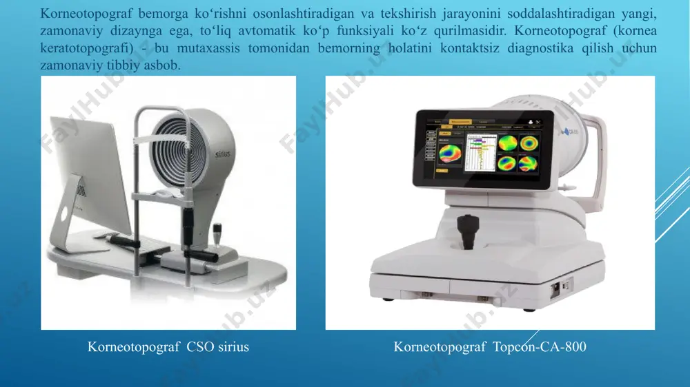 ratografiya) yaratilgan va o'lchash darhol minglab nuqtalarda amalga oshiriladi. qabul qilingan ma'lumotlarni tahlil qilish va kompyuterda ishlov berishdan so'ng, natija displeyda grafik ko'rsatiladi. oftalmologlar shox pardaning rangli xaritasi ko'rinishidagi tayyor tasvirni topogramma deb atashadi. tasvirni talqin qilishni qulay qilish uchun egrilikning har bir darajasi o'ziga xos rangga ega: past egrilik - spektrning binafsha qismi, yuqori egrilik - qizil. ushbu uskunani quyidagi xususiyatlarga ko'ra tasniflash mumkin: dasturiy ta'minot (ekranda oson navigatsiya va ma'lumotlarning aniq ko'rinishini kafolatlaydi); avtomatik o'lchovlar (o'rnatilgan lcd monitor va joystik kombinatsiyasi tufayli oddiy joylashishni ta'minlaydi); kontakt linzalarini aniqlash rejimi (masalan, simulyatsiya qilingan floresan tekshiruvdan foydalanish); bemor o'lchovlari (o'rnatilgan ma'lumotlar bazasi mavjudligi), korneotopograflarning ishi plasido halqalari texnologiyasiga asoslanadi, bunda shox pardaga bir nechta halqalar proyeksiya qilinadi, shundan so'ng qurilma intervallar va kengliklarni o'lchaydi, shuningdek, ularning aksini qayd qiladi va barcha ma'lumotlar egrilik ko'rsatkichlariga aylanadi. plasido halqa texnologiyasidan tashqari, bugungi kunda shox pardaning boshqa turlari mavjud: rastrli suratga olish bilan …