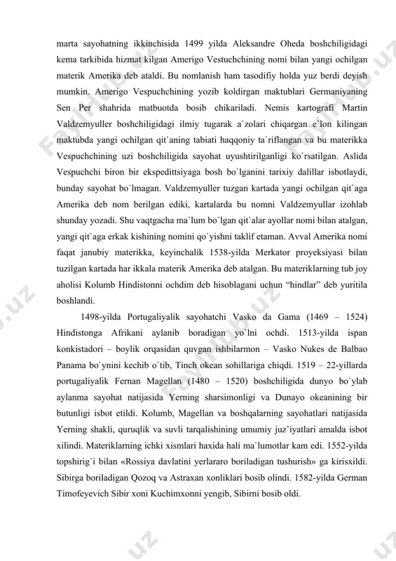 bir butunligi isbot etildi. kolumb, magellan va boshqalarning sayohatlari natijasida yerning shakli, quruqlik va suvli tarqalishining umumiy juz’iyatlari amalda isbot xilindi. materiklarning ichki xismlari haxida hali ma`lumotlar kam edi. 1552-yilda topshirig`i bilan «rossiya davlatini yerlararo boriladigan tushurish» ga kirisxildi. sibirga boriladigan qozoq va astraxan xonliklari bosib olindi. 1582-yilda german timofeyevich sibir xoni kuchimxonni yengib, sibirni bosib oldi. 1605-yilda hollandiya sayyohi villem yanszon avstraliyaning keyp – york yarim oroliga birinchi bor qadam qo`ydi. «dreyfkek» kemasida sayohat qilgan yanszon o`z ochgan yerlarni yangi gveniya orolining bir qismi, deb hisoblasa ham bu sana avstraliya materigining kashf etilish sanasi sifatida tarixda qoldi. xv-xvii asrlar madaniyat va fanning umumiy yuksalishi sharoitida geografiya ham taraqqiy etadi.geografiya muhim fanga aylangan holda deyarli butun quruqlikning tabiati va aholisi to`g`risidagi ma`lumotlar bilan boyoydi, umumiy va juz’iy geografiyaga ajrala boshlaydi. merkatorning kartasida materiklarning deyarli haqiqiy qiyofasi aks etadi, leonardo da vinchining kartasida esa gipotetik janubiy materik ko`rsatiladi. rossiyada esa 1627 …