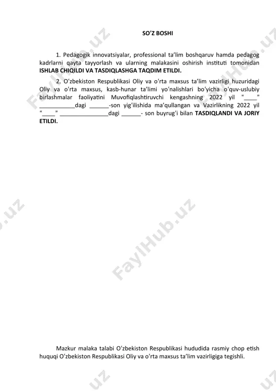 tini belgilaydi. malaka talabi ta’lim oluvchilarning kasbiy tayyorgarligi sifati va kasbiy kompetentsiyasini baholashda hamda ta’lim muassasalarini attestatsiyadan o‘tkazishda asosiy mezon hisoblanadi. mazkur talablarning bajarilishi o‘rta maxsus professional ta’lim muassasasining bitiruvchilariga professional ta’limning 5-darajasini olganligi to‘g‘risida davlat namunasidagi hujjat berilishi uchun asos bo‘lib hisoblanadi. malaka talabi ta’limni boshqarish davlat organlari va ta’lim faoliyati sub’yektlari tomonidan, idoraviy bo‘ysunuvi va mulkchilik shakllaridan qat’iy nazar, tadbiq etilishi majburiydir. ushbu malaka talabi bank ishi mutaxassisi kasbi va bank ishi mutaxassisligining kasbiy malaka talablari asosida ishlab chiqildi. 2. kasbiy ta’lim xususiyati 2.1. 50410501- bank ishi mutaxassisligi doirasida beriladigan kvalifikatsiya: 1.bank ishi mutaxassisi. kamida umumiy o‘rta ma’lumotga ega bo‘lgan shaxslar hisobidan shakllantirilgan guruhlarda tanlangan kvalifikatsiyalar sonidan kelib chiqib o‘qish muddati belgilanadi. bu guruhlarda kasb doirasida beriladigan kvalifikatsiyani muvaffaqqiyatli o‘zlashtirgan shaxslarga belgilangan namunadagi diplom beriladi va mehnat bozorida ishlash huquqi beriladi. egallanmagan kvalifikatsiyani qayta o‘zlashtirishga ruxsat beriladi va mazkur kvalifikatsiyani muvaffaqiyatli o‘zlashtirganlarga belgilangan tartibda sertifikat beriladi. 2.2. axborot …