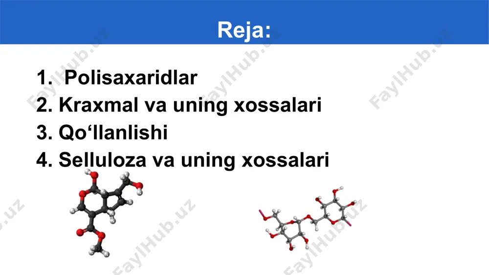 kartoshka talab qilinmaydi, har qanday kartoshka mos keladi - kichik, katta, ozgina muzlatilgan, chirigan, o'tgan yili. qayta ishlashga mo'ljallangan bitta chelak kartoshkadan o'rtacha 1-1,5 kg kraxmal olinadi kraxmal olinishi kraxmal kraxmalnning gidrolizi natijasida faqat glukoza hosil bo‘lgani uchun bu zvenolar molekulasi qoldiqlari degan xulosaga kelamiz: (c6h10o5)n nc6h10o5 + (n-1)h2o h2so4 , t0 kraxmal glukoza kraxmal kraxmal makromolekulasi halqali α–glyukoza molekulalari qoldiqlaridan tashkil topganligi isbotlangan. kraxmal hosil bo‘lishini quyidagicha ifodalash mumkin: ch2 – oh c c c c o c h h oh h h h oh oh oh oh ch2 – oh c c c c o c h h oh h h h oh oh oh oh kraxmal nh2o + ch2 – oh c c c c o c h h o h h h o oh oh ch2 – oh c c c c o c h h h h h o …. oh oh kraxmal kraxmal hosil …