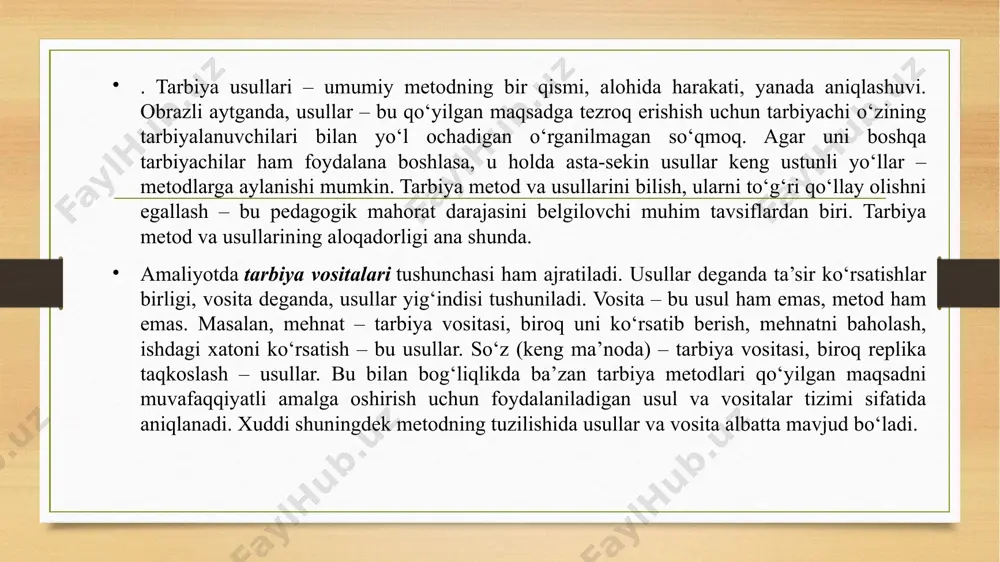 oʻquvchilari bilan ishlash jarayonida oʻquvchilarni ular uchun yangi boʻlgan mehnat faoliyatini oʻrgatishda oʻquvchilarning xulq-atvor qoidalarini, ularda kun tartibi aniq boʻlishi muhimligini, ularga oʻquvchilarning qat’iy tartibga amal qilishi zarurligini tushuntirish metodidan foydalanadi. tushuntirish bilan bir qatorda sinfga toʻgʻri kirib kelishga, ularni oʻqituvchi va oʻquvchilar bilan salomlashishga, tartib-intizomni saqlashga mashq qildirib boradi. 4. tarbiyada ibrat-numana koʻrsatishning tutgan oʻrni farzandlarimizning kelajakda komil inson boʻlib yetishishlarida oila va jamiyatda yaxshi tarbiya olishning oʻrni beqiyosdir. ota-ona, ustoz-murabbiylar, rahbar va yoshi kattalar qancha madaniyatli, odobli boʻlsa, shu jamiyat va muhitda oʻsayotgan shaxslar ham shunchalik odobli boʻlib yetishadi. bunday sermas’uliyat ijtimoiy ishni amalga oshirish, ya’ni yoshlarimizning odobli, xushxulqli, vijdoni pok kishilar boʻlib yetishishlari uchun oʻz xulq-atvorimiz bilan ularga yaxshi ibrat va namuna boʻlishimiz bugungi kunning dolzarb masalasi hisoblanadi. ilgarigi zamonda shunday maqol bor edi: «domlaning aytganini qil-u, qilganini qilma». hozir bu maqol eskirdi: oʻsmir va oʻspirinlar koʻpincha ustozlari va kattalarning tashqi yashash tarzidan oʻrnak oladilar, ya’ni ular …