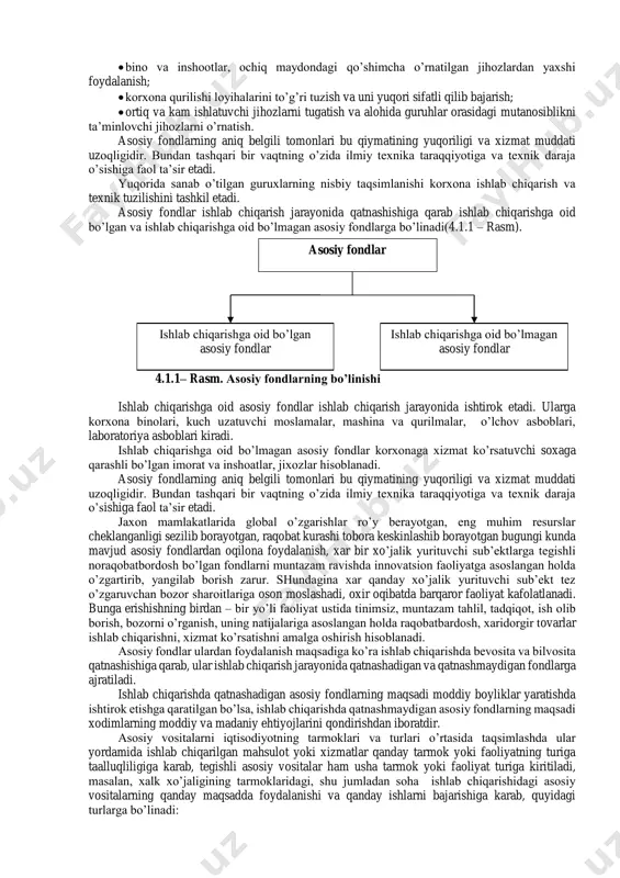 klini yo’qotmay, o’z qiymatini asta sekinlik bilan, qisman, foydalanish sari tayyor mahsulotga o’tkazib boradi. u kapital qo’yilmalar hisobidan to’ldirib boriladi. noishlab chiqarish asosiy fondlari ham mavjud bo’lib unga – turar joylar, bolalar va sport maydonlari va boshqa aholiga xizmat ko’rsatadigan korxona balansida turadigan madaniy-maishiy ob’ektlar kiradi. bular ishlab chiqarish fondlaridan farqli o’laroq, ishlab chiqarish jarayonida qatnashmaydilar va o’z qiymatlarini mahsulotga o’tkazmaydilar. ular qiymati iste’molda yo’qoladi. ularni takror ishlab chiqarish milliy daromad hisobida amalga oshiriladi. asosiy ishlab chiqarish fondlari – jamoa ishlab chiqarishining moddiy-texnikaviy bazasi hisoblanadi. korxona ishlab chiqarish quvvati va texnika bilan qurollanganlik darajasi uning hajmiga bog’liq bo’ladi. asosiy fondlar yig’ilishi va mehnatning texnika bilan qurollanishning oshishirish jarayonini boyitadi, mehnatga ijodiy tus beradi, jamiyatning moddiy-texnik darajasini oshiradi. iqtisodiyot uchun zarur bo’lgan mahsulotlarni ishlab chiqarishda yoki xizmat turlarini takdim etishda mehnat vositalari va mehnat buyumlarining o’rni kattadir. mehnat vositalari deb, mahsulot ishlab chiqarish va xizmat ko’rsatishda bevosita qatnashadigan mehnat qurollari hamda …