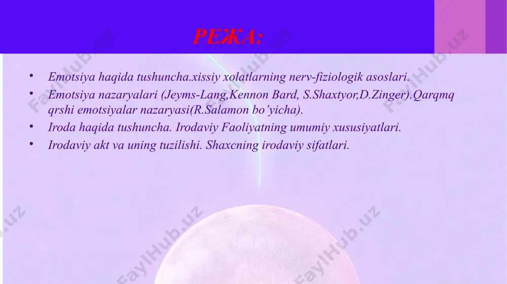 ganizmda sodir bo'ladigan jarayonning qayta o'zgarishidan iborat ihtiyorsiz va ongli harakatlarga aytiladi. ambivalentlik – lotincha har tomonlama kuchga ega ma'nosini anglatib kishining bir ob'ektning o'ziga nisbatan bir vaqtning o'zida paydo bo'ladigan bir-biriga qarama – qarshi emocional irodaviy holatdir hislarni kechirish shakllari quyidagilardan iborat: hissiy ton– hissiyot idrok yoki sezgi jarayonida shaxsning idrok qilingan narsaga hodisaga munasabatini ifodalaovchi maxsus emotsional bo`yoq yoqimli va yoqimsiz kechinma bevosita sezgi yoki idrok bilan bog`langan hissiyot emotsiyalarning tashqi ifodasi turli ko'rinishlarda ro'y beradiki, unda asosiy o'rinni ko'rgazmali jihatlar asosiy o'rin egallaydi va ular quyidagilar: birinchidan, emociyalar nafas olish a'zolarining ishlarida o'zgarish yasaydi. ikkinchidan, emociya imo – ishoralarda, mimikada, ya'ni kishining yuzida bo'ladigan harakatlarda hamda butun badanning ma'nodor harakatlarida ko'rinadi. uchinchidan, gumoral harakatlardagi, ya'ni organizmning qon tarkibidagi va boshqa suyuqliklardagi kimyoviy o'zgarishlarni va shuning bilan birga modda almashishida bo'ladigan yanada chuqur o'zgarishlarni o'z tarkibiga oladi. iroda – shahsning ongli harakatlarida, o'z-o'zini bilishida ifodalanadigan, ayniqsa maqsadga erishish …