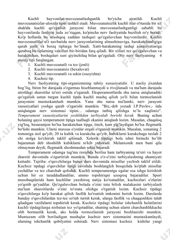 egallaydi. ko'ngli ochiq, dilkash, muloqotda tez kirishadi. fantaziyasi yuksak darajada rivojlangan: tashqi ta'sirlarga hozir javob. xolerik - sust senzitivlik xususiyatiga ega. juda faol va reaktiv. ko'pincha reaktivligi faollikdan ustun keladi. betoqat, serg'ayrat, tinimsiz. sangvinikka qaraganda silliqroq, lekin ko'proq qotib qolgan. qiziqishlari, intilishlari barqaror, xatti-harakatlarida qatiiylik mavjud. biroq diqqatni bir joyga to'plashda qiynaladi. nutq surati tez va hakazo. flegmatik - senzitivligi sust, his-tuyg'usi kam o'zgaruvchan, shunda ko'ra bunday shaxsni kuldirish, jahlini chiqarish, kayfiyatini buzish qiyin. ko'ngilsiz hodisa havf-hatar haqidagi habarga hotirjamlik bilan munosabatda bo'ladi. vazmin, kam-harakat, imo-ishorasi, mimikasi ko'zga yaqqol tashlanmaydi, lekin serg'ayrat, ishchan, faol, chidamli, matonatli. nutq va harakat surati sust. faoliyati kamroq. diqqatni toplashi osoyishta. diqqatni ko'chirishi qiiyin. intravertlashgan, kamgap, ichimdan top, yangilikni qabul qilishi qiyin. tashqi ta'sirotlarga sustlik bilan javob beradi. melanxolik - sentizivligi yuksak, tortinchoq, gayratsiz, arazchan, hafaqon. jimgina yig'laydi, kam kuladi. qatiiyligi va mustaqilligi zaif. tez toladi, diqqat beqaror. his-tuygusi sust o'zgaradi. rigid, interavertlashgan. 3. i.p.pavlov …