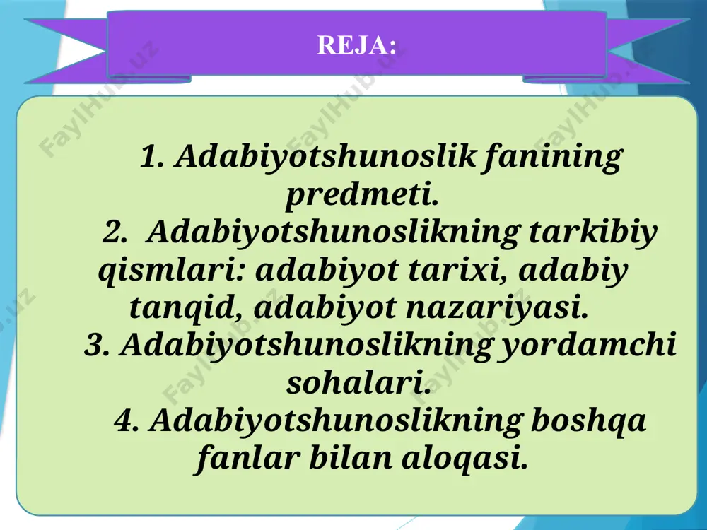 masalalar ko‘rib chiqiladi. adabiy jarayon, badiiy adabiyotning rivojlanish qonuniyatlari, adabiy tur va janrlar, uslub va metod tushunchalari, badiiy adabiyotdagi turli oqim va yo‘nalishlar haqida ma’lumotlar bilan tanishtiriladi. adabiyotshunoslikning tarkibiy qismlari adabiyot tarixi adabiyot nazariyasi adabiy tanqid adabiyot tarixi o’tmish adabiyoti (jahon adabiyoti yoki biror bir milliy adabiyotni uzluksiz jarayon yoki shu jarayonning bosqichlaridan biri sifatida o’rganadi. tazkiralar tarixiylik prinsipi aniq bir ijodkor faoliyatini o’rganish adabiy tanqid hozirgi adabiy jarayon muammolarini o’rganish va yangi paydo bo’lgan asarlarni (o’tmishda yaratilgan asarlarni ham) bugungi kun nuqtai nazaridan g’oyaviy-badiiy tahlil qilish va baholashni maqsad qiladi badiiy didni tarbiyalaydi tili ilmiy ommabop adabiyotshunoslik, badiiy adabiyot, publitsistikani uyg’unlashtiradi adabiyot nazariyasi badiiy adabiyotning mohiyati, adabiyot taraqqiyotining umumiy qonuniyatlarini, jamiyat hayotidagi o’rni va vaziyalari, badiiy asar tabiati hamda uning tuzilishi kabi masalalarni umumiy tarzda o’rganadi va shu asosda umumiy qonuniyatlarni ochib beradi. badiiy asar tahlil qilish baholash mezonlari tahlil metodlari adabiyot nazariyasi uchta mustaqil sohaga bo’linadi. ilmi aruz …