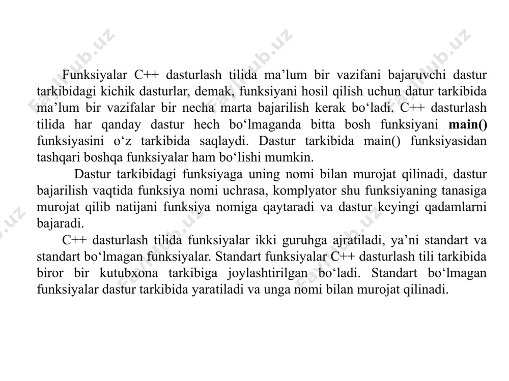 funksiya tanasini tasvirlash jarayonida funksiya sarlavhasidan keyin nuqtali vergul qo’yilmaydi, { qavs ochilib buyruqlar yoziladi va natija return xizmatchi so‘zidan keyin probel bilan yoziladi keyin } qavs yopiladi. funksiya tanasi tarkibi yozilishida xuddi boshqa dastur tuzilishi kabi unda ishlatiladigan o‘zgaruvchilar e’lon qilinadi, buyruqlar nuqtali vergul yordamida ajratilib yoziladi. funksiyalarni c++ dasturlash tilida tasvirlash jarayonining umumiy ko‘rinishi quyidagicha bo‘ladi: ( ) { ; ; return natija; } funksiyalar tansini tasvirlashda funksiya qaytaradigan qiymat yoki ifoda return so‘zidan keyin probel bilan yozilishi kerak va nuqtali vergul qo’yiladi. #include int yig(int a, int b); using namespace std; int main() { int x,y,z; cin>>x>>y; z=yig(x,y); cout int fak(int n) { int p=1; for(int i=1;i >x; cout int buluvchi(int x); float m; int x=16; using namespace std; int main() { cout int yig(int a, int b); int a=20, b=10; using namespace std; int main() { cout int yig(int a, int b); int a=20, b=10; using …