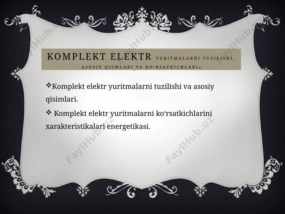 tgan yutuqlar asosida, elektromashinalar, tarsfarmatorlar, elektroapparatlar, kuch iste’olchilari zamonaviy elektr yuritma va texnologik tarmoklarga talab yukori boʻlmokda. toʻgʻrilagich - uzgaruvchan elektr tokini uzgarmas tokka aylantirib beruvchi kurilma. kuchaytirgich -tranzistor va dioddan tashkil topgan tok yoki kuchlanishni kiymatini bir mancha kuchaytirib beruvchi maxsus elektron kurilma. tiristor - boshka signal asosida yopik xolatdan ochik xolatga uta oladigan kup kiymatli boshkariladig image3.png image4.png image2.png /docprops/thumbnail.jpeg