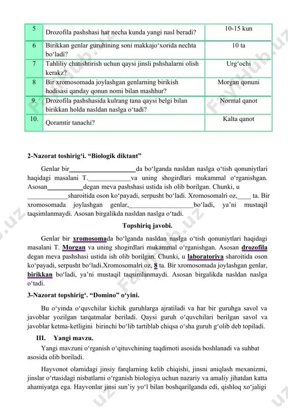 gʻochi pashsha qizil koʻzli erkaka pashsha bilan chatishtirilsa, f1da ajralish qanday boradi? 2. qizil koʻzli gomozigota urgʻochi pashsha oq koʻzli erkak pashsha bilan chatishtirilsa, f1 va f2 da koʻz rangining nasldan naslga oʻtishi qanday boradi? 3. otasi gemofiliya bilan ogʻrigan, onasi sogʻlom oilada tugʻilgan oʻgʻil bola esa gemofiliya bilan kasallangan. bunda gemofiliya oʻgʻilga otasidan oʻtgan deb aytish toʻgʻri boʻladimi? 5- nazorat topshirigʻi. “insert” «v» « + » « - » « ? » «ha» - oʻqiganlaringizdan aniq bilgan yoki bilaman deb oʻylagan ma’lumot «musbat» - oʻqiganlaringiz orasida siz uchun yangi boʻlgan ma’lumot «manfiy» - oʻqiganlaringiz, bilganlaringizga qarama-qarashi ma’lumot «savol» - oʻqiganlaringizdan siz uchun tushunarli boʻlmagan yoki shu haqda koʻproq narsa bilishni istagan ma’lumo autosoma jinsiy xromosoma konyugatsiya gemofiliya daltonizm meyoz v. dars yakunlash va baholash. 1. oʻqituvchi va oʻquvchilar bilan hamkorlikda mavzu yuzasidan umumiy hulosalanadi. 2. baholarni e’lon qilish, faol qatnashgan oʻquvchilarni ragʻbatlantirish. vi. uyga vazifa: 1. mavzuni oʻqib, oʻrganib …