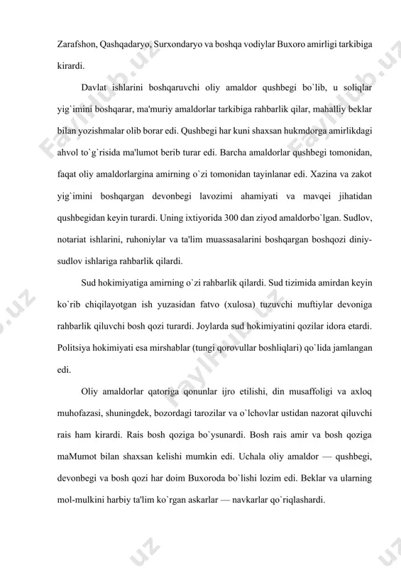 tni himoya qilish uchun amirning xalq ko`ngillilari va qo`shinlardan saralab olingan xos lashkari bo`lgan. lashkarga to`pchiboshi (to`pchilashkar) rahbarlik qilgan. biroq xix asr oxiriga kelib, amir lashkari shoshilinch yig`iluvchi, yomon ta'lim ko`rgan va qoloq harbiy qurollar bilan ta'minlangan dehqonlardan iborat bo`lgan. bunday lashkarning bosh maqsadi — zarur bo`lganda ark qarshisida namoyishga yig`ilish edi. lashkar amalda xix asr boshlaridan beri rivojlanmagan, harbiy ish va qurollari o`ta qoloq holatda edi. lashkarning soni 11 ming sarboz va 200 zobit (ofitser)dan iborat bo`lib, ularning qurol-aslahasi 1000 ta berdanka miltig`i va bir nechta to`plardan tashkil topgandi. shunday qilib, bir-biriga qarindosh-urug` bo`lgan amaldorlarning yuki dehqon va hunarmandlar yelkasiga tushdi. mamlakat daromadlarining katta qismi davlat ravnaqi va taraqqiyoti uchun kamdan-kam qayg`uruvchi xizmatchilariga sarflanar edi. aholining ahvoli buxorolik dehqonlarning aksariyat ko`pchiligi kambag`allikda kun kechirardi, chunki yer va ish hayvonlari amir va uning amaldorlari qo`lida edi. mang`it amirlari buxoroda butun hokimiyatga ega bo`lib, ularning zo`ravonlik bilan hokimiyatga putur yetkazishi mumkin …