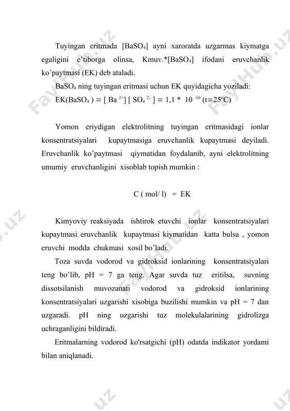 zlanish darajasi deb ataladi va h bilan belgilanadi. tuzlarning gidroliz darajasi tuzning tabiatiga, eritma konsentrasiyasiga va haroratga bog'liq. kuchsiz asos va kuchsiz kislotadan hosil bo'lgan tuzlarning gidrolizlanish darajasi ayniqsa katta bo'ladi. harorat ko'tarilganda gidroliz darajasi ortadi, chunki suvning muvozanati o'ngga siljiydi. ba'zan tuzlarning odatdagi sharoitda bormaydigan gidroliz bosqichlari yuqori haroratda sodir bo'ladi. foydalanilgan adabiyotlar 1. yu.t.toshpo'latov, sh.ye.ishoqov. anorganik kimyo. toshkent. «o'qituvchi». 1992 y. 2. n.a.parpiyev, h.r.rahimov, a.g.muftaxov. anorganik kimyo nazariy asoslari. toshkent. «o'zbekiston». 2000 y. 3. q.ahmerov, a.jalilov, r.sayfutdinov umumiy va anorganik kimyo. toshkent. «o'zbekiston» 2003 y. www.ziyonet.uz _1136272876.unknown _1136272888.unknown _1136272893.unknown _1143891249.unknown _1143891259.unknown _1230760264 _1136272895.unknown _1143890959.unknown _1136272896.unknown _1136272894.unknown _1136272891.unknown _1136272892.unknown _1136272889.unknown _1136272882.unknown _1136272886.unknown _1136272880.unknown _1136272816.unknown _1136272823.unknown _1136272875.unknown _1136272818.unknown _1136272822.unknown _1136272817.unknown _1136272807.unknown _1136272809.unknown _1136272811.unknown _1072336780