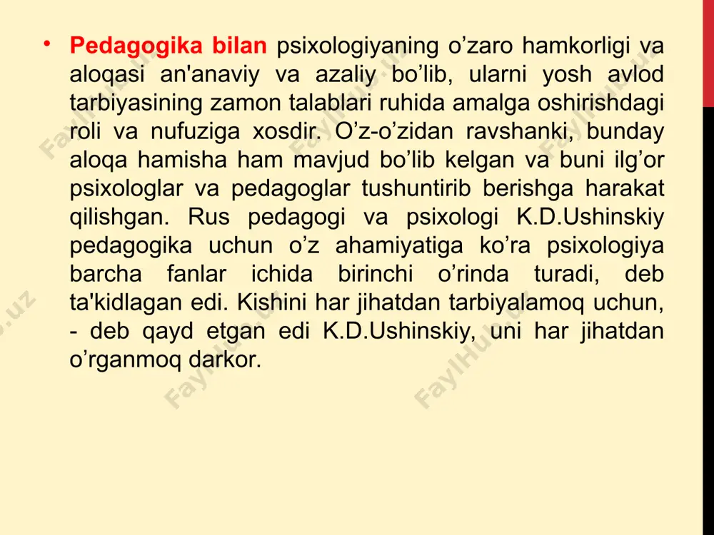 ti psixologik xususiyatlarini, mehnatni ilmiy asosda tashkil etishning psixologik jihatlarini o'rganadi; hayvonlar psixologiyasi zoopsixologiya- bu hayvonlarning nerv sistemasi taraqqiyotiga, biologik sistematikasiga (hayvonlarning har xil turiga), shuningdek yashash tartibi xususiyatlariga binoan ularning psixik hayot formalarini o`rganadigan fan. bu psixologiyaning asosiy problemasi “hayvonlar aqliy taraqqiyotining tarixi”dir. bu psixologiya har xil hayvonlar psixikasini bir-biriga taqqoslab, qiyos qilib o`rgangani uchun, qiyosiy psixologiya deb ataladi. bu psixologiya psixika taraqqiyotini hayvon organizmlarining biologik tuzilishiga bog`lab o`rganganligi uchun, u biologik psixologiya deb ham yuritiladi. yosh davrlari psixologiyasi bu fan insonning yoshiga qarab psixikasining rivojlanib borish xususiyatlari va qonuniyatlarini o`rganadi, ilk bolalikdan tortib, toki qarilik yoshigacha bo`lgan har bir yosh bosqichida psixik tuzilishining o`ziga xos xususiyatlarini, inson ongining turli yoshga qarab rivojlanishini belgilab beruvchi faktorlar ni aniqlaydi. yosh psixikasi sistemasida, ayniqsa, bolalar psixologiyasi muhim o`rin egallaydi. bu psixikaning go`daklik, ilk bolalik, maktabgacha va yosh davrlaridagi rivojlanishini o`rganadi. o`sishning bu davrlari inson shaxsi va ongining eng intensiv shakllanish davridir. …