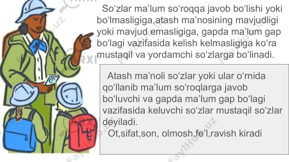 dan oldingi soʻz bilan bir butunlikni tashkil qiladi,lekin yozuvda koʻmakchi doimo ajratib yoziladi.masalan: osmon uzra birikmasida uzra soʻzi sof koʻmakchi boʻlgani uchun urgʻu olmaydi bunda urgʻu osmon soʻzining oxirgi boʻgʻiniga tushadi. ● baʼzan bilan, uchun koʻmakchilari badiiy uslubda - la,- chun shaklida qoʻllanadi va chiziqcha bilan yoziladi. fursat gʻanimatdur,shoh satr- la, bezamoq chogʻidir umr daftarin. ( gʻ.gʻulom) ● vazifadosh koʻmakchilar- ayrim mustaqil soʻzlarning koʻmakchi vazifasida qoʻllanishi.ular leksik maʼnosini saqlagan holda gapda grammatik maʼno ifodalash vazifasini bajaruvchi soʻzlardir. ● vazifadosh koʻmakchi boʻla oladi ham soʻz turkumlari ot: old,oʻrta, yon,orqa,ich, ust,ost,tepa,qosh ravish: oldin,avval,keyin,soʻng,tomon feʼl: boʻylab,qarab,koʻra,deya,deb ● vazifadosh koʻmakchlar mustaqil soʻz turkumlardan quyidagi- cha farqlanadi: 1. bunday soʻzlar koʻmakchi vazifasida kelganda atash maʼnosini yoʻqotadi,shuning uchun maʼlum soʻroqqa javob boʻlmaydi. ular ot, sifatdosh, harakat nomi,ravishdoshlardan hosil boʻlgan koʻmakchilardir. qoziq ustida qor turmas- ot, mustaqil soʻz( qoziqning usti bor) gap futbol ustida ketardi - vazifadosh koʻmakchi ( futbol ustida gap ketolmaydi) 2.oʻzi qoʻshilgan sz bitta …