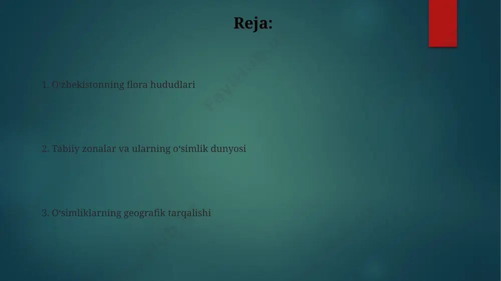 a yaqin turli xil butalar va otsu oʻsimliklar, shuningdek, tuproqni himoya qiluvchi 10 dan ziyod oʻsimlik turi mavjud. choʻl va dasht oʻsimliklari турфа хил чўл ва дашт ўсимликлари, жумладан, 10 дан ортиқ турдаги шўра ва жузгунлар, тупроқ эрозиясини олдини олишда ва навоий вилоятидаги қумли ерларни мустаҳкамлашда муҳим роль ўйнайди. қизилқум чўлининг 50% дан ортиқ қисмини эгаллаб турган, ўртача 1-3 метр баландликдаги саксаул ўрмонлари, қушлар ва кичик сут эмизувчилар учун муҳим яшаш муҳитини яратади. alp va subalp oʻsimliklari oʻzbekistonning 3000 metrdan yuqori balandlikdagi togʻli hududlarida, masalan, fargʻona vodiysining togʻ tizmalarida, alp va subalp oʻsimliklari, jumladan, 20 dan ortiq endemik oʻsimlik turlarini uchratish mumkin. subalp oʻsimliklar zonasida, taxminan 2500-3000 metr balandliklarda, archa oʻrmonlarining yuqori chegarasidan keyin, turli xil baland boʻyli oʻtlar, shu jumladan, 5 dan ortiq efir moyli oʻsimlik turi oʻsadi. oʻsimliklarning ekologik ahamiyati fargʻona vodiysidagi 500 ga yaqin daraxt turi, havo ifloslanishini kamaytiradi va kislorod miqdorini 15% ga oshiradi, shu bilan …