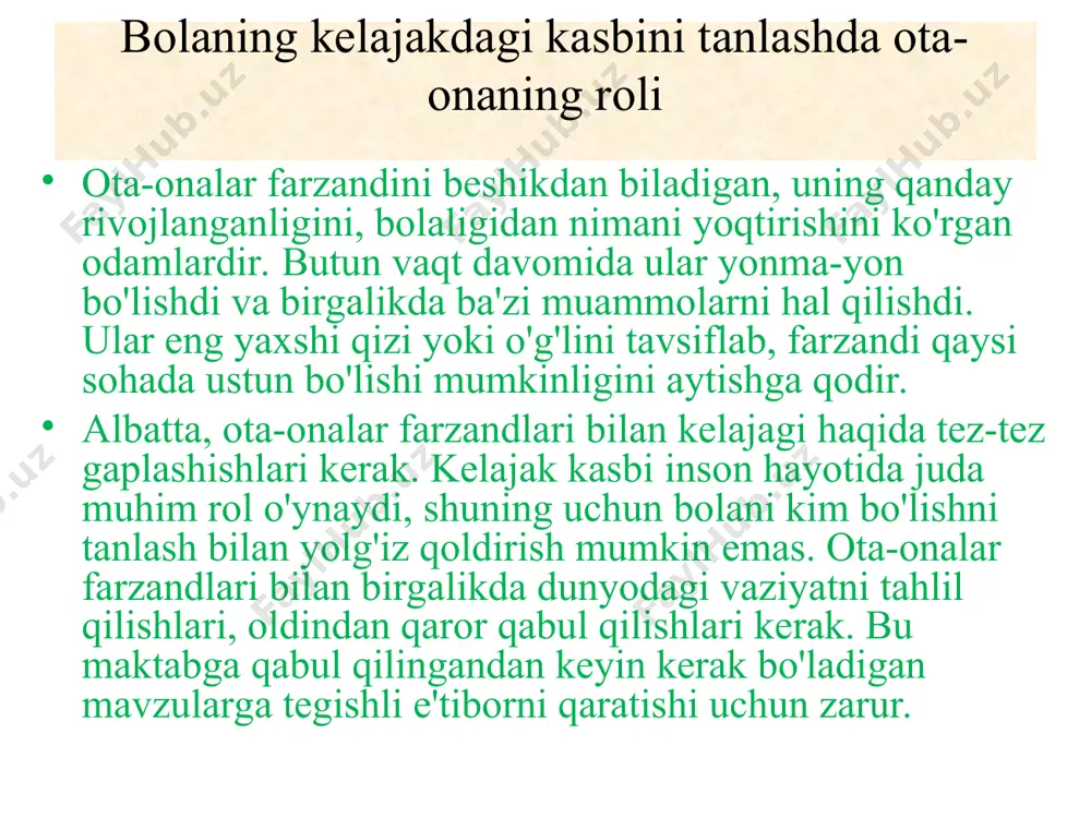 irishlarini payqashadi. ammo hayotda shunday bo'ladiki, ota-onalar bolasidan qo'rqib yoki uning kuchiga ishonmay, unga o'zlari kabi kasbni tanlashni taklif qilishadi. va bola ularni xafa qilmaslik uchun ularning tanloviga rozi bo'ladi. va u boshqa kasbni orzu qiladi. kasb tanlash - - bu ko'p qirrali va murakkab masala, bolalikdagi kabi kim bo'lishni xohlayotganingizga bir daqiqada javob berishning iloji yo'q. ko'pgina omillarning kombinatsiyasi kelajakdagi kasbni belgilashi kerak, xususan: ushbu kasb bo'yicha rivojlanish istagi, tanlangan kasb uchun zarur bo'lgan bilim va ko'nikmalarni ta'minlay oladigan ta'lim muassasalarining mavjudligi, kasbning mohiyatini tushunish va o'z kasbining muvozanati. shaxsiy va kasbiy fazilatlar, oilani qo'llab-quvvatlash kam emas. har holda, talaba qaysi kasbni tanlamasin, eng muhimi, qilayotgan ishi uning o‘ziga yoqadi. xix asr - buyuk shoirlarning uyg'onish davri. ulardan biri - pushkin aleksandr sergeevich. uning ko‘pgina asarlari bugungi kungacha ham dolzarbdir kasb tanlashda asosiy parametrlarni aniqlash texnologiyasi "mening professional tanlovim" (kasbiy o'zini o'zi belgilash bo'yicha namunali ijodiy loyiha) inson hayoti …