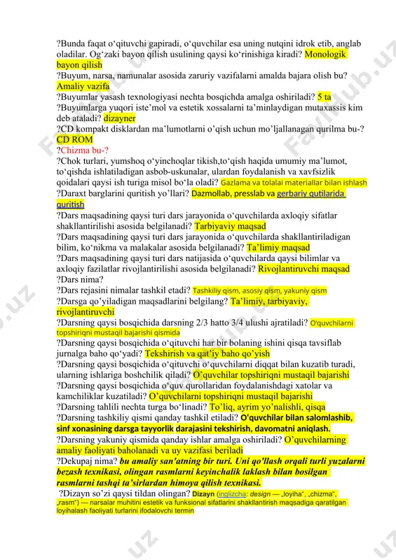 h uchun biror narsa qilish xohishi (jarayon)? faoliyat ?biror narsaning huddi o’zidek yoki kichraytirib,kattalashtirib olingan , ko’plab ishlab chiqarish uchun andoza bo’ladigan nusxasi deb nimaga aytiladi? ?bolalar hunarmandchiligidan eng foydali foydalanishni aniqlang? ?bolalar qaysi ish turi bilan ishlaganda ijodkorlikni ifoda etishdagi qiyinchiliklar kuzatiladi? ?bolalar qaysi ish turi bilan ishlaganda nostandart ijodiy usullardan foydalanish va materiallar bilan tajriba o'tkazishda chalkashlik kuzatilishi mumkin? applikatsiya ?boshlang’ich sinfdagi mehnat fanini qaysi fanlar bilan integratsiyalash mumkin? variantga qaraladi ?boshlang’ich sinflarda qo’l mehnati turlari qaysi qatorda to’g’ri ko’rsatilgan? variantga qaraladi ?boshlang’ich sinflarda texnologiya darslari qanday shaklda olib boriladi? amaliy ?boshlang’ich sinflarda texnologiya fanidan qanday to’garaklar mavjud? mohir qo’llar to’garagi ?bu amaliy san'atning bir turi. uni qo'llash orqali turli yuzalarni bezash texnikasi, olingan rasmlarni keyinchalik laklash bilan bosilgan rasmlarni tashqi ta’sirlardan himoya qilish texnikasi. ushbu fikr qaysi san’at turiga tegishli? ?bu- faoliyatning mashq qilishlar jarayonida yetilgan, mujassamlashgan tajribasiga nima deyiladi? malaka ?--------bu grafit va loy massasi aralashmasidan …