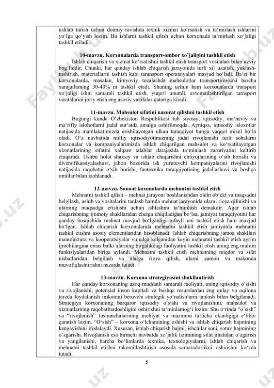 аdi. tаnlаngаn ishlаb chiqаrish tipi ishlаb chiqаrish jаrаyonining tаshkiliy-tехnik pаrаmеtrlаrini shаkllаntirishgа, ishlаb chiqаrishni tехnik tаyyorlаsh, rеjаlаshtirish, nаzоrаt qilish usullаrini tаnlаsh, sех, uchаstkаlаrning tаshkiliy tuzilmаsini tuzish, jоylаshtirish, tехnоlоgik jаrаyonlаrni ishlаb chiqаrish, ishlаb chiqаrish vа mеhnаtni tаshkil etish mе‘yorini ishlаb chiqаrishgа tа‘sir ko‘rsаtаdi. 6-mavzu. ishlab chiqarishni tashkil etishning partiyali usuli ishlab chiqarishni tashkil qilinishning partiyali usuli mahsulot partiyasini tayyorlash jarayonining tizimini ifodalaydi. ushbu usul asosan seriyali ishlab chiqarish korxonalarda keng nomenklaturadagi mahsulotni kichik miqdorda ishlab chiqarishda qo‘llaniladi. ishlab chiqarishni tashkil qilishning partiyali usuli uchun ishlab chiqarishga kiritilayotgan detallar partiyasi miqdori ya‘ni kattaligi va takrorlanishi muhim tashkiliy – iqtisodiy ahamiyatga ega. 7-mavzu. sanoat korxonalarida ishlab chiqarishni ilmiy-texnik tayyorlashni tashkil etish fan-texnika taraqqiyoti ishlab chiqarishni intensiv rivojlantirishning asoslaridan biridir. fan-texnika taraqqiyoti iqtisodiyotni (intensiv) rivojlantirishning hamma omillariga muayyan ta‘sir ko‘rsatadi, mehnat resurslaridan, ishlab chiqarishning asosiy fondlaridan, moddiy resurslaridan oqilona foydalanish, yuqori sifatli mahsulot ishlab chiqarishga erishish imkonini beradi. 8-mavzu. korxonada asbob uskuna xo’jaligini tashkil etish. …