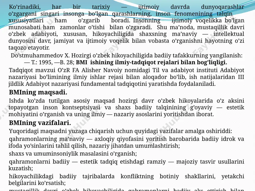 da o’z ifodasini topadi. chunki inson kontseptsiyasida davr va jamiyatning butun borlig’i — rivoji, zamon talabi asosida tug’ilgan ziddiyatlar, muammolar, negativ holatlar o’z ifodasini topadi».1 shu ma’noda hikoyachiligimizning hozirgi shakllanish yo’sinlari mahzun o’ychanlikka, mulohazakorlikka yo’g’rilib bormoqda. buning natijasi o’laroq shaxs psixologiyasini jamiyat, tabiat voqea — hodisalari bilan omuxta badiiy — falsafiy tadqiq etish tamoyili kuchayib bormoqda. hikoyalar qahramonlarining esa ko’ngil deb atalgan buyuk mamlakat sirlarini o’qishda, ma’nolarini anglashda hissiy intellektualligining mavqei ortib bormoqda. a.muxtor, sh.xolmirzaev, x.do’stmuxammad, n.eshonqul, s.vafo, t.mahmudov kabi ijodkorlarning hikoyalari tajribasida kuzatadigan bo’lsak, keyingi yillar hikoyachiligida olam va odam sir — sinoatlarini falsafiy idrok etishga qaratilgan inson tafakkuri bosh qahramonga aylanib borayotir. ularda voqealar, syujet oqimlari qanchalik qiziqarli va e’tiborlj bo’lsa —da, tabiat va jamiyat hodisalarini, odamlar fe’li — faoliyatini baholashda umumlashma — xulosalar chiqarishda o’quvchiga ham fikrlashi uchun keng imkoniyatlar qoldirilmoqda. bu esa keng kitobxon ommasining tafakkur madaniyatini kjsaltirishda g’oyat muhim omildir. ifodalashda mazmundorlik birinchi planga chiqadi. …