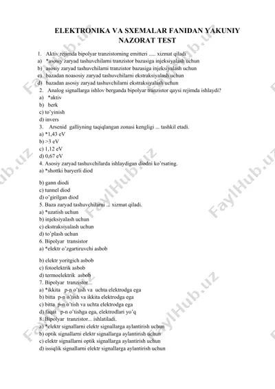 elektronika va sxemalar fanidan yakuniy nazorat test — DOCX