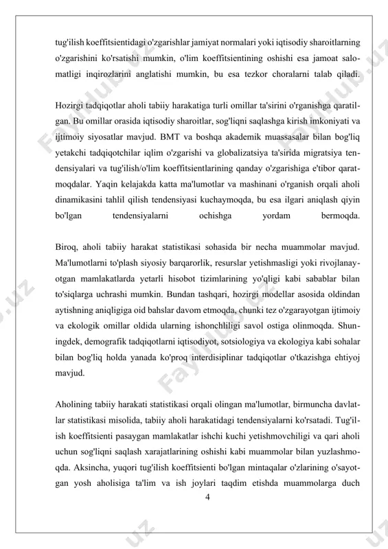 ila rejalashtirish, ta'lim, iqtisodiy imkoniyatlar va ijtimoiy madaniyat bilan bog‘liq omillarga bog‘liq. tug‘ilish ko‘rsatkichlari, shuningdek, ijtimoiy va iqtisodiy omillardan ta'sirlanadi. masalan, oila rejalashtirish dasturlari, iqtisodiy o‘sish yoki sog‘liqni saqlash tizimining rivojlanishi tug‘ilish darajasiga ta'sir ko‘rsatishi mumkin. o‘lish ko‘rsatkichlari esa, aholi salomatligi va ijtimoiy sharoitlarning muhim ko‘rsatkichi hisoblanadi. o‘lish ko‘rsatkichlari yuqori bo‘lgan mamlakatlar ko‘pincha noto‘g‘ri tibbiy xizmatlar, kasalliklarning yuqori tarqalishi yoki iqtisodiy qiyinchiliklar bilan bog‘liqdir. o‘lish ko‘rsatkichlari shuningdek, aholi yosh tuzilishi va kasalliklar tarqalishi bilan ham bog‘liqdir. masalan, rivojlangan davlatlarda o‘lish ko‘rsatkichlari past bo‘lishi mumkin, chunki sog‘liqni saqlash tizimi kuchli va aholi uzoq umr ko‘radigan sharoitlarga ega. tug‘ilish va o‘lish ko‘rsatkichlari o‘rtasidagi farq — tabiiy o‘sish ko‘rsatkichi hisoblanadi. bu ko‘rsatkich aholi sonining o‘sishini yoki kamayishini ko‘rsatadi. agar tug‘ilish ko‘rsatkichlari o‘lish ko‘rsatkichlaridan yuqori bo‘lsa, aholi soni o‘sadi. aks holda, aholi soni kamayadi. tug‘ilish va o‘lish ko‘rsatkichlari o‘rtasidagi muvozanat, demografik rivojlanishning muhim ko‘rsatkichi hisoblanadi. tug‘ilish va o‘lish ko‘rsatkichlarining tahlili, shuningdek, ijtimoiy siyosatni shakllantirishda …