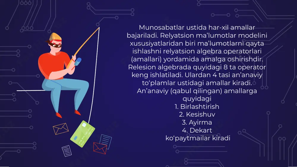 angi jadval xosil qiladi. bizda r va s munosabat berilgan bo‘lsin. r munosabatni tartibi r-r va s munosabatniki s-q ga teng bo‘lsin. unda dekart ko‘paytma r*s ko‘rinishida yozilib, uning natijasi uzunligi r+q ga teng bo‘lgan kortejlar to‘plamidan iborat bo‘lib, bu kortejlarni birinchi r komponentasi r kortejga teng bo‘ladi, qolgan q komponentasi s kortejga teng kesishma birlashtirish ayirma relyatsion algebra relyatsion algebra yangi jadval jadval 1. jadval 2. jadval 3. mavzu yuzasidan mashqlar xodim jadvalini yarating (id_xodim, fish, lavozimi, maoshi, tel_raqami, manzili). (4ta yozuv qo’shilsin). select orqali maoshi 500000 so’m va 1300000 so’m oralig`idagilarni va “a” harfi bilan tugovchi xodimlarni chiqaring. mahsulot jadvalini yarating (id_mahsulot, mahsulot_nomi, narxi, ishlab_chiqaruvchi, hajmi), (4 ta yozuv qo’shilsin). select orqali narxi 10000 so’m va 100000 so’m oralig`idagilarni va “a” harfi bilan boshlanuvchi mahsulotlari chiqaring. xulosa: men bu mustaqil ishni bajarish davomida mijoz realutsion algebra haqida bilib oldim va qayerlarda qo’llanilishi nimalar kerakligini qanday afzalliklarini va qanday …