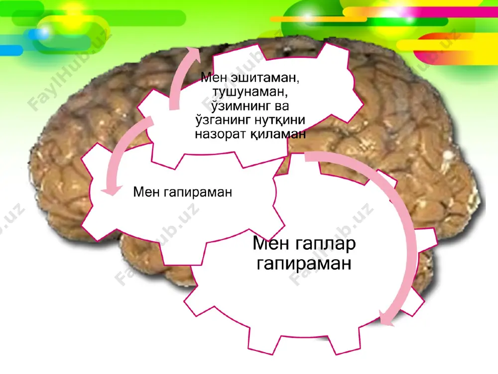atda esa fazoviy dezorientatsiya. 3. o'qish va yozish jarayonlarining buzilishi artikuyatsion apparat apraksiyasi darajasi bilan bog'liq. literal parafaziya (s-z, m-b, l-n) bosh miya qobig'ining postmarkaziy va parietal ikkilamchi sohalarining jarohatlanishida yuzaga keladi 7 va 40 qismlar buziladi 1. artikulyator apparatning apraksiyasi spontan nutqning yo'qligiga olib kelishi mumkinyu 2 . so'z tarkibiga kiruvchi tovushlarni farqqlay olmaslik va tovush, bo'g'inlar kompleksini simultan tariqada tahlil qilish efferent motor afaziya miya chap o'rta arteriyasining oldi shohlari jarohatlarida paydo bo'ladi 44,45 qismlar jarohatlanadi nutqiy stereotiplarning patologik inertligi , bir artikulyator holatdan ikkinchisiga o'tishda qiyinchiliklar: eliziyalar, perseveratsiyalar, kontaminatsiyalar, takrorlashlar kuztiladi efferent motor afaziyaning og'ir shakllarida qon aylanish buzilishining dastlabki bosqichlarda nutq umuman bo'lmasligi mumkin. artikulyatsion apparat apraksiyasi tovushlar va bzg'inlarni qaytara olmasligi bilan ifodalanadi. ayrim tovushlarni talaffuzidagi inertlik kontaminatsiyalarga oolib keladi, oldingi so'zning bo'g'inlarini keyingi so'zda qo'llash : «stoshiq» (stol, qoshiq). nutqning tiklanish holatida ekspressiv agrammatizm yuzaga kelishi mumkin. 3 variantda so'zlarni qo'llashda inertlik kuzatiladi. so'zlashda …