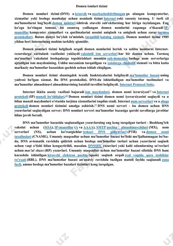 tokolini, dns-da ishlatiladigan ma'lumotlar tuzilmalari va ma'lumotlar almashinuvi almashinuvining batafsil tavsifini belgilaydi. internet protocol suite. internet ikkita asosiy vazifani bajaradi ism maydonlari, domen nomi ierarxiyasi[1] va internet protokoli (ip) manzil bo'shliqlari.[2] domen nomlari tizimi domen nomi iyerarxiyasini saqlaydi va u bilan manzil maydonlari o'rtasida tarjima xizmatlarini taqdim etadi. internet nom serverlari va a aloqa protokoli domen nomlari tizimini amalga oshirish.[3] dns nomi serveri - bu domen uchun dns yozuvlarini saqlaydigan server; dns nomlari serveri ma'lumotlar bazasiga qarshi savollarga javoblar bilan javob beradi. dns ma'lumotlar bazasida saqlanadigan yozuvlarning eng keng tarqalgan turlari - boshlang'ich vakolat uchun (soa), ip-manzillar (a va aaaa), smtp pochta almashinuvchilari (mx), nom serverlari (ns), uchun ko'rsatgichlar teskari dns qidiruvlari (ptr) va domen nomi taxalluslari (cname). umumiy maqsadlar uchun ma'lumotlar bazasi bo'lishi mo'ljallanmagan bo'lsa-da, dns avtomatik ravishda qidirish uchun boshqa ma'lumotlar turlari uchun yozuvlarni saqlash uchun vaqt o'tishi bilan kengaytirildi, masalan. dnssec yozuvlari yoki kabi odamlarning so'rovlari uchun …