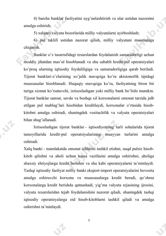 i ifodalaydi va ularning asosiy maqsadi qo’yilgan kapital hisobiga foyda olish hisoblanadi. ipoteka banklar - bu ko’chmas mulk (yer va inshoot) hisobiga uzoq muddatli ssuda berishga ixtisoslashgan kredit muasasalar. ipoteka bankning resurslari o’zlarining ipoteka obligatsiyalari hisobiga shakllanadi. olingan ssudadan uy-joy va boshqa inshootlar kurish, korxonalarning ishlab chiqarish quvvatlarini kengaytirish uchun foydalaniladi. barcha tijorat banklari zaxira (rezerv)larining hajmi va tarkibi bo’yicha markaziy bank tomonidan o’rnatiladigan ma’lum talablarga javob berishi zarur. asosiy tayanch tushunchalar: pul muomalasi - tovarlar aylanishiga hamda notovar harakteridagi to’lovlar va hisoblarga xizmat qiluvchi naqd pullar va unga tenglashtirilgan moliyaviy aktivlarning harakati. pul tizimi - tarixan tarkib topgan va milliy qonunchilik bilan mustahkamlangan, mamlakatda pul muomalasini tashkil qilish shakli. inflyatsiya - qog’oz pul birligining kadrsizlanishi. kredit - bo’sh turgan pul mablag’larini ssuda fondi shaklida to’plash va ularni takror ishlab chiqarish ehtiyojlari uchun qarzga berish. foiz me’yori (stavkasi) - foiz yoki foizli daromadning qarzga berilgan pul summasiga nisbatining foizda ifodalanishi. …