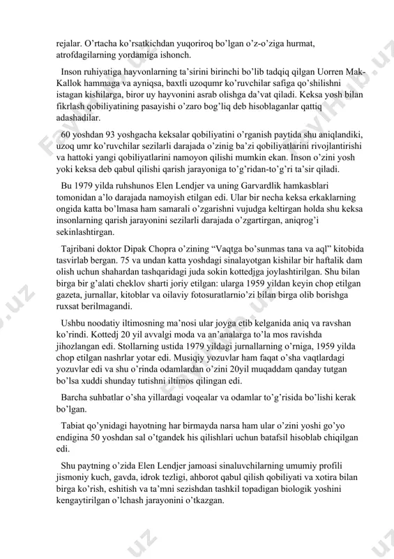 , xalilova n. “umumiy psixologiya”. t.: “fan va texnalogiyalar” markazining bosmaxonasi: 2009. 5. назарова л.в., рахимова и.г, камалова з.х., холмуродовад.а., «общая психология» -учебное пособие т. тгпу. 2020r internet ma’lumotlari yoshidan qatiy nazar, yuragi yosh, tirik va doimiy izlanishdagi aqlga ega, qalbining yoshligini saqlab kelayotgan odam doimo navqirondir. baxt qarilikni inkor etadi. go’zallikni ko’rish qobiliyatini saqlagan kishi hech ham qarimaydi. qalban yosh insonning hayotiuning ichki dunyosi juda boyligi tufayli, u bilan sodir bo’layotgan barcha hodisalarni chuqur va teran his etib tinimsiz izlanish va sa’y-harakatlari orqali topgan mazmunga to’lgan. va aksincha, yuragi tosh qotgan, qalbi vaaqli vayron qilingan, hayoti ma’nosiz bo’lgan istalgan yoshdagi inson juda tezva muddatidan ancha ilgariroq qariydi. aqli, qalbi hamda yuragining eng yaxshi fazilatlarini namoyish etishga to’sqinlik qilayotgan cheklovlar-u to’siqlarni tan olmay yengib o’tadigan inson doimo yosh bo’lib qoladi. bunday cheklovlar vavaziyatlarning tuzog’iga ilingan har qanday kishi qari bo’lib qoladi. bunga quyidagilar kiradi: ichki muvozanat, yaxshi kayfiyat, atrofdagilar bilan …