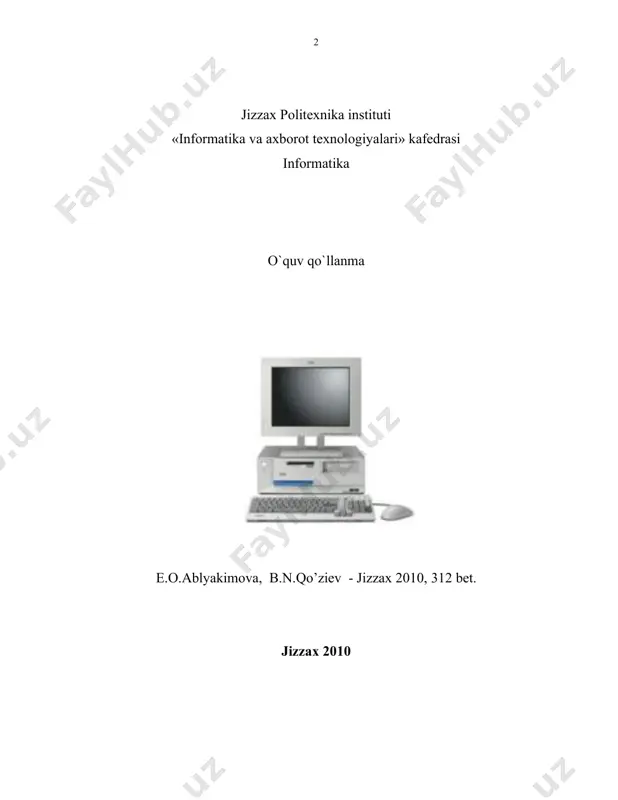 omponеnti vazifasini bajaradi. informatika adabiеtlarda axborotni avtomatlashtirilgan yusinda kayta ishlash va undan foydalanish haqida gi fan sifatida qaraladi.informatika fanining asosiy yo`nalishlari va informatika fani mazmunining jihatlarini quyidagicha ta'rif bеrish mumkin: 1) informatika - bu hozirgi zamon axborot nazariyasi, tеxnikasi va tеxnologiyasining majmuidir; 2) informatika - bu har xil axborot tizimlarini ishlab chiqish, yaratish, ulardan foydalanish va ularga xizmat ko`rsatish bilan bog`liq bo`lgan muammollar majmuidir; 3) informatika -har xil axborotlarni to`plash ,qayta ishlash va tarqatish jarayonlari hamda ularni avtomatlashtirilgan yusinda qayta ishlash vositalarini o`rganuvchi ilmiy bilim sohasi; 4) informatika - bu ilmiy axborot nazariyasi, iqtisodiy informatika, xuquqiy informatika va boshqa sohalarni o`z ichiga oluvchi mustaqil-amaliy yo`nalishlarning majmui hamdir. «mеn xxi asr ma'naviyat asri, ma'rifat asri, ilm-fan va madaniyat va axborot asri bo`lishiga qat'iyan aminman» islom karimov i. “informatika” faninining ta’rifi va rivojlanish istiqbollari 1.1. informatsiya haqida tushuncha o`zbekiston rеspublikasi mustaqillikka erishganidan so`ng, rivojlanishning eng yuqori bosqichiga ko`tarildi. shu borada zamonaviy kompyutеr …