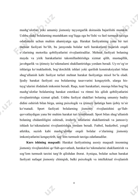 nglab, o‘z-o‘zini boshqarish va nazorat qilish qobiliyatini rivojlantiradilar. o‘yin, sport, jismoniy mashqlar, raqs va mehnat faoliyatlari bolaning organizmiga ijobiy ta’sir ko‘rsatib, ularni faol hayot kechirishga rag‘batlantiradi. shuningdek, harakat faoliyatining maqsadi pedagogik jarayonda bolalarning tabiiy harakat ehtiyojlarini hisobga olib, ularni motivatsiyalash va qiziqtirish orqali ularning ishtirokini oshirishdan iboratdir. kurs ishining tarkibiy tuzilmasi:ushbu kurs ishi kirish qism,asosiy qism, 3 ta murakkab reja,xulosa va foydalanilgan adabiyotlardan iborat. ii.asosiy qism 1. harakat faoliyatining nazariy asoslari va amaliy ahamiyati. harakat faoliyati inson hayotining ajralmas qismi bo‘lib, uning nazariy asoslari va amaliy ahamiyati ko‘plab sohalar bilan chambarchas bog'liqdir. harakat faoliyati nazariyasi insonning jismoniy va ruhiy jihatdan faoliyatini tushunishga yordam beradigan bilimlar to‘plamidir. bu nazariyaning asosida harakatning mohiyati, psixologik va pedagogik jihatlari, shuningdek, sotsiologik va fiziologik aspektlar yotadi. harakat faoliyati orqali inson o‘z maqsadlariga erishish va dunyoni anglash imkoniyatiga ega bo‘ladi. harakat faoliyatining psixologik jihatlari motivatsiya, qobiliyatlar va shaxsiy xususiyatlar bilan bog'liqdir. insonning harakat qilishga bo‘lgan qiziqishi …
