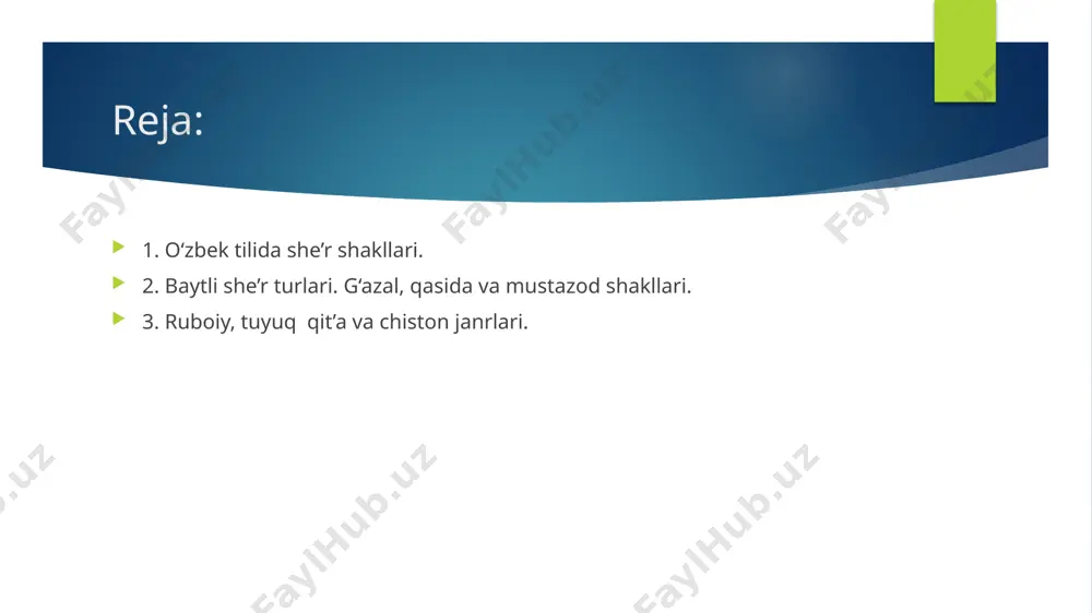 ga ega bo‘lgan, matla’da boshlangan mavzu g‘azal so‘ngigacha rivojlanib boruvchi) turlari ham farqlanadi. { o‘zbek mumtoz g‘azaliyoti g‘oya va mavzusiga ko‘ra hamd, na’t, oshiqona, orifona, rindona, axloqiy-ta’limiy, ijtimoiy-falsafiy, hajviy, peyzaj va b. turlarga bo‘linadi. {g‘azalning dastlabki namunalari viii-ix asrlarda arab adabiyotida paydo bo‘lgan, fors-tojik adabiyotida ilk g‘azal yozgan shoir sifatida abu abdullo ro‘dakiy (taxm.860-941) tilga olinadi. turkiy adabiyotda esa dastlabki g‘azal nosiruddin rabg‘uziyning “qisasi rabg‘uziy” asarida (1309-1310) uchraydi (asarda jami 26 g‘azal mavjud). g‘azalning epik poeziya tarkibida uchrashi ilk bor xorazmiyning “muhabbatnoma”sidan (1353-1354) boshlanadi (asarda keltirilgan 6 g‘azaldan 2 tasi forsiy). hofiz xorazmiy “devon”ida 1052 ta g‘azal bor. g‘azal janrining rivojlanishi va taraqqiyotida alisher navoiy- ning hissasi tengsiz. uning “xazoyin ul-maoniy” kulliyotida 2600 ta g‘azal mavjud bo‘lib, har bir devonga teng tarzda (650 tadan) joylashtirilgan. qasida qasida (ar. “maqsad”, “niyat”) – biror tarixiy shaxs yoki voqeaga bag‘ishlab yoziladigan katta hajmli baytli she’r shakli bo‘lib, hajman 12 baytdan bir necha yuz …