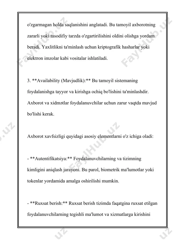 lti-faktor autentifikatsiya mavjud. har bir qatlam o'ziga xos muammo va tahdidlarga qarshi turishga qaratilgan. axborot xavfsizligining muhim qismi xodimlarni o'qitish va xabardor qilish hisoblanadi. tadqiqotlar shuni ko'rsatadiki, xodimlarning xabarsizligi ko'pincha kibertahdidlarga olib keladi. shu sababli tashkilotlar xodimlarini muntazam ravishda xavfsizlik haqida o'qitish va yangi tahdidlar haqida xabardor qilishni maqsad qilgan. 2021 yilda tashkilotlarning 64 foizi o'z xodimlari uchun axborot xavfsizligi bo'yicha treninglarni o'tkazgan. standartlar va me'yoriy hujjatlar axborot xavfsizligi sohasida yo'l-yo'riq beruvchi asosdir. eng keng tarqalgan standartlardan biri iso/iec 27001 bo'lib, u axborot xavfsizligini boshqarish tizimlari uchun xalqaro standart hisoblanadi. ushbu standart tashkilotlarga axborot xavfsizligini boshqarish jarayoni, tavakkalchiliklarni baholash va boshqarish, xavfsizlik siyosati ishlab chiqish va amalga oshirishda yordam beradi. kuchli parol siyosati ham axborot xavfsizligi strategiyalarining ajralmas qismi hisoblanadi. parollar kamida 12 belgidan iborat bo'lishi, katta va kichik harflar va maxsus belgilarni o'z ichiga olishi kerak. bundan tashqari, parollar muntazam ravishda o'zgartirilishi va hech qanday yondashuv orqali osonlik bilan …